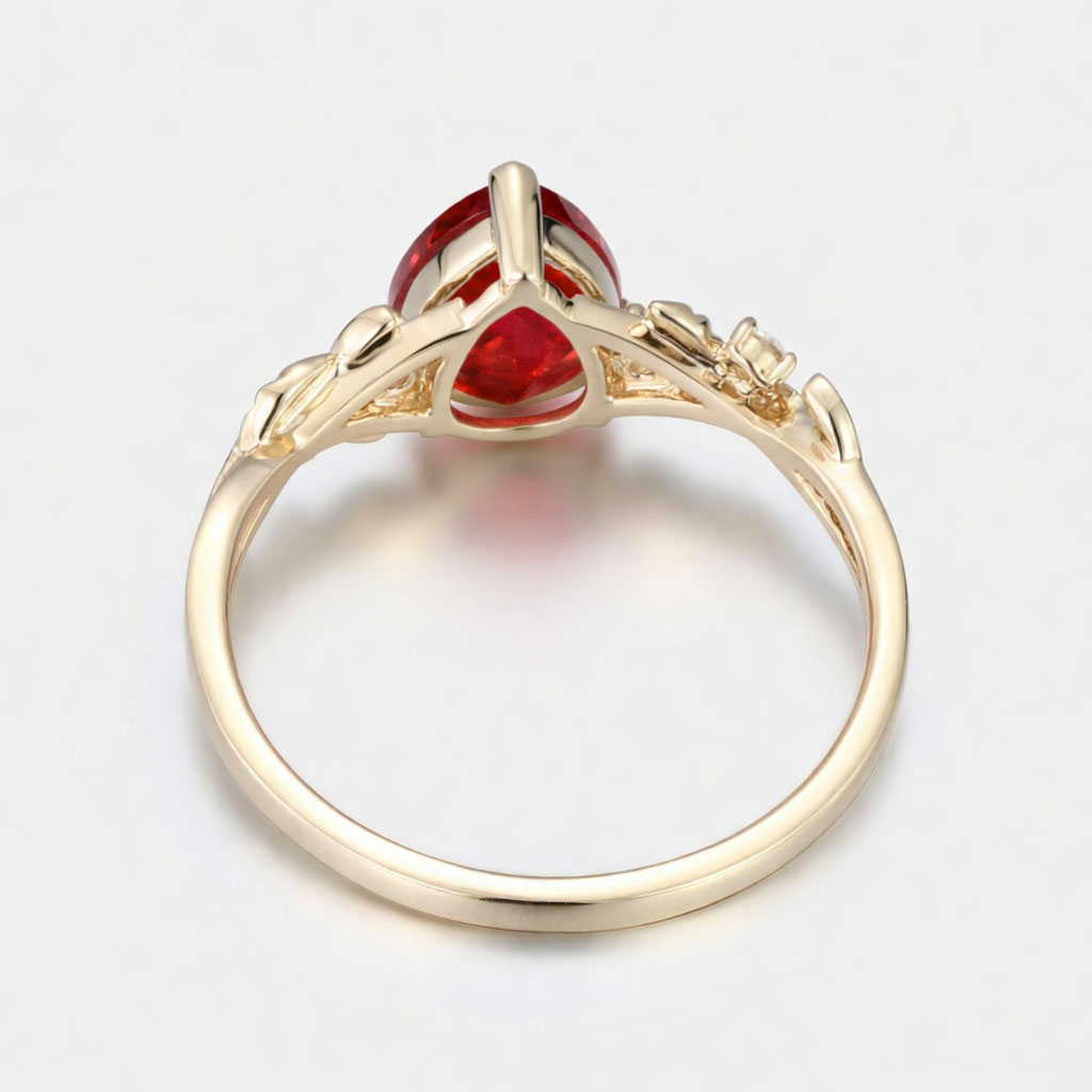 Lucky Pear Lab Grown Ruby Engagement Ring in Yellow Gold | Leaf Vine Botanical Design with Ruby Accents