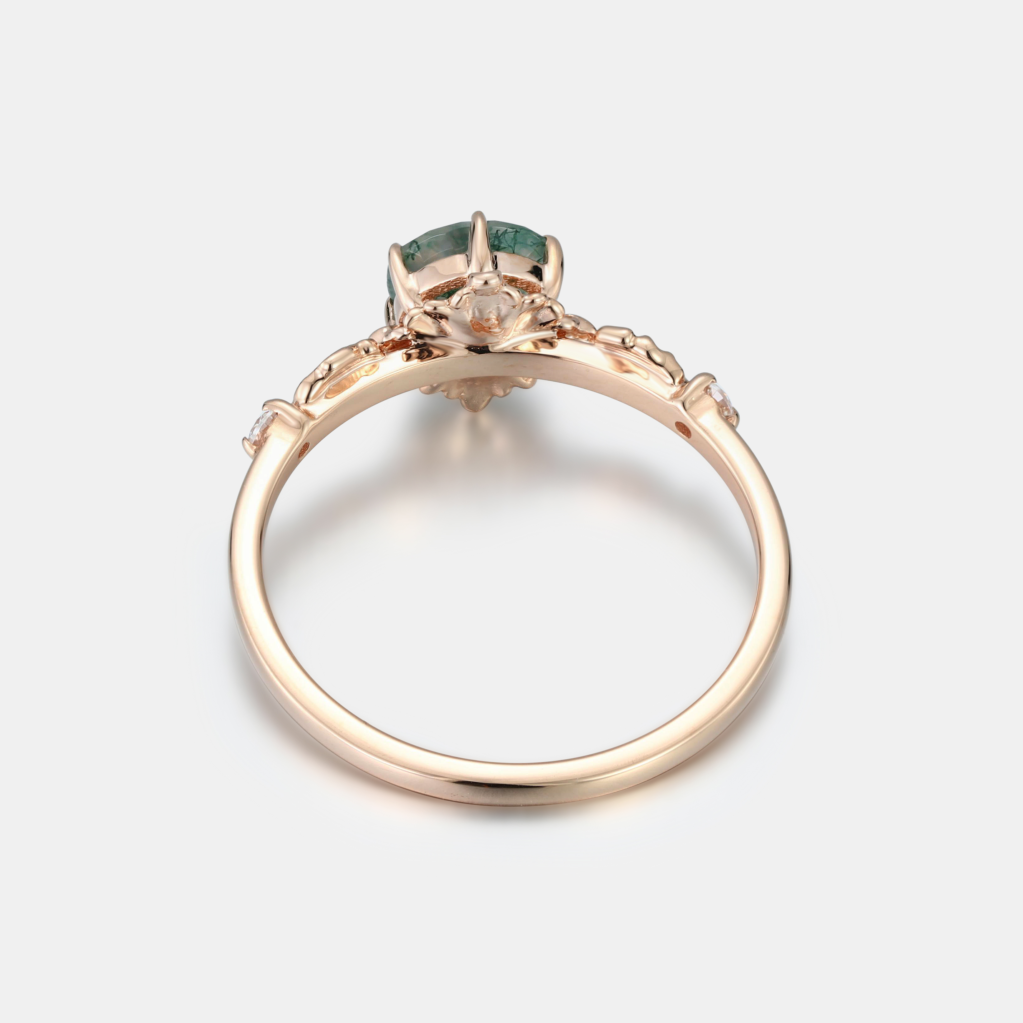 Lucky Round Moss Agate Engagement Ring in Rose Gold | Twin Leaf Embrace with Moissanite Accents