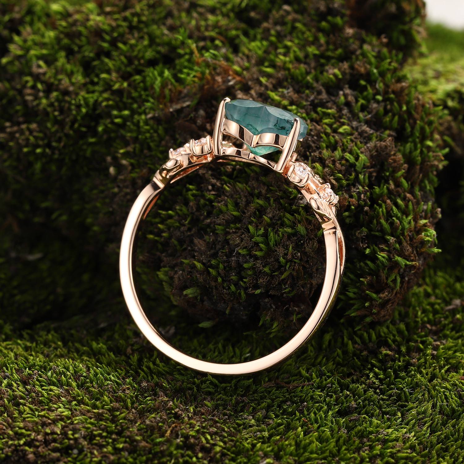 Lucky Heart Natural Moss Agate Engagement Ring in Rose Gold | Leaf Vine Botanical Design with Moissanite Accents