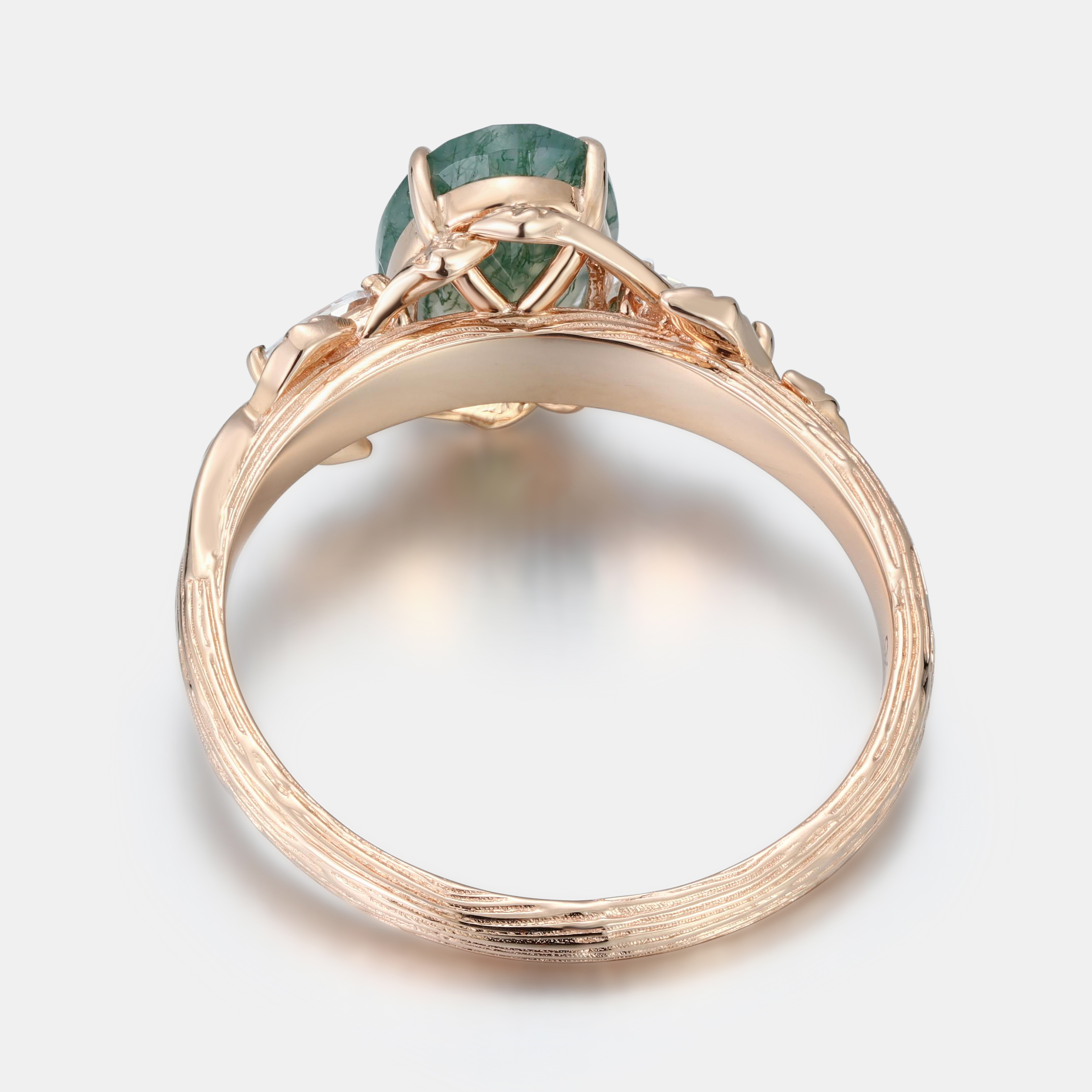 Rose Gold Natural Oval Cut Moss Agate Leaf Vine Three-Stone Ring with Pear Diamond Accents | Nature Artistic Engagement Ring