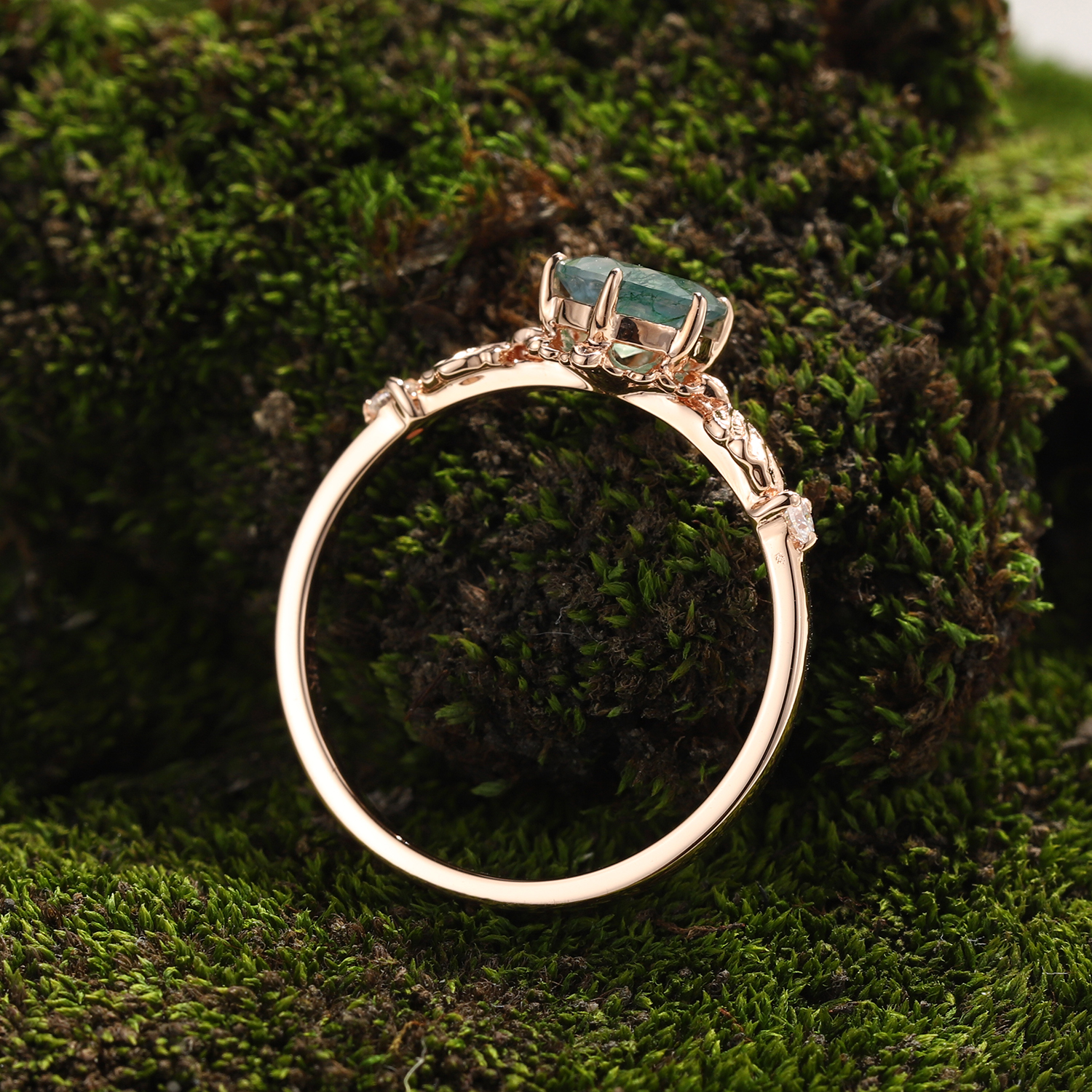 Lucky Round Moss Agate Engagement Ring in Rose Gold | Twin Leaf Embrace with Moissanite Accents