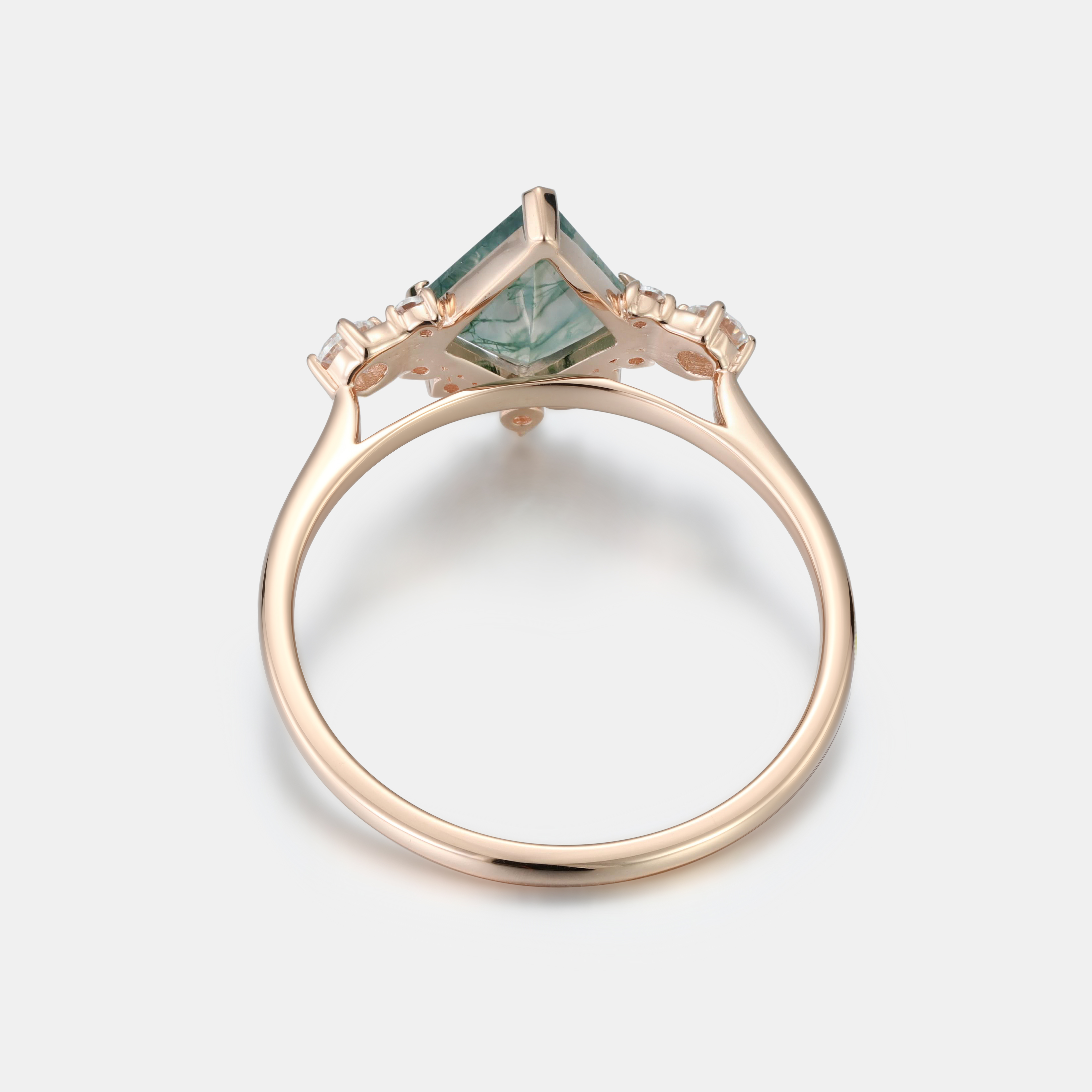Lucky Kite Cut Moss Agate Engagement Ring in 14K Rose Gold | Diamond Halo Leaf Design