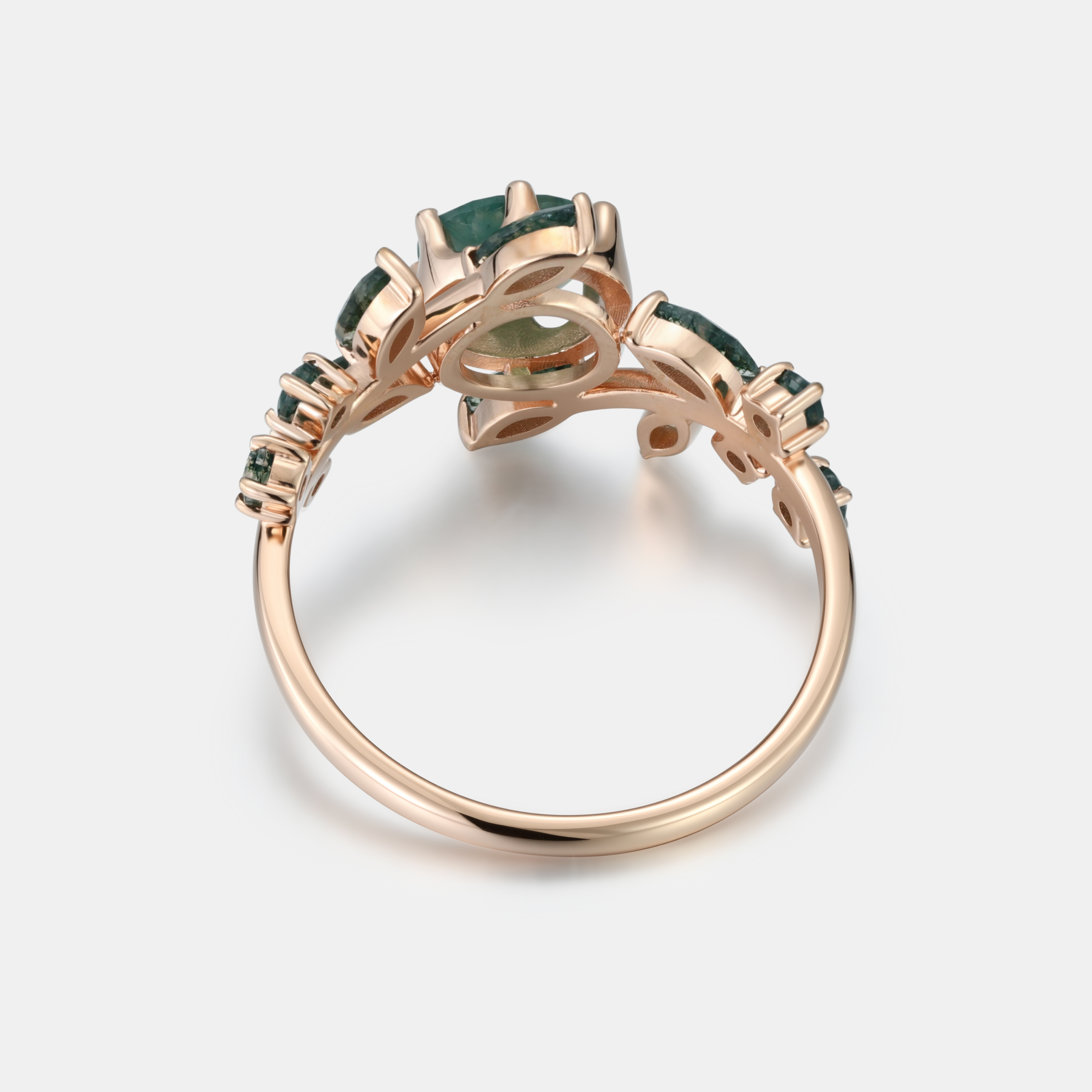 Lucky Blooming Moss Agate Engagement Ring in Rose Gold | Marquise Leaf Cluster Floral Design