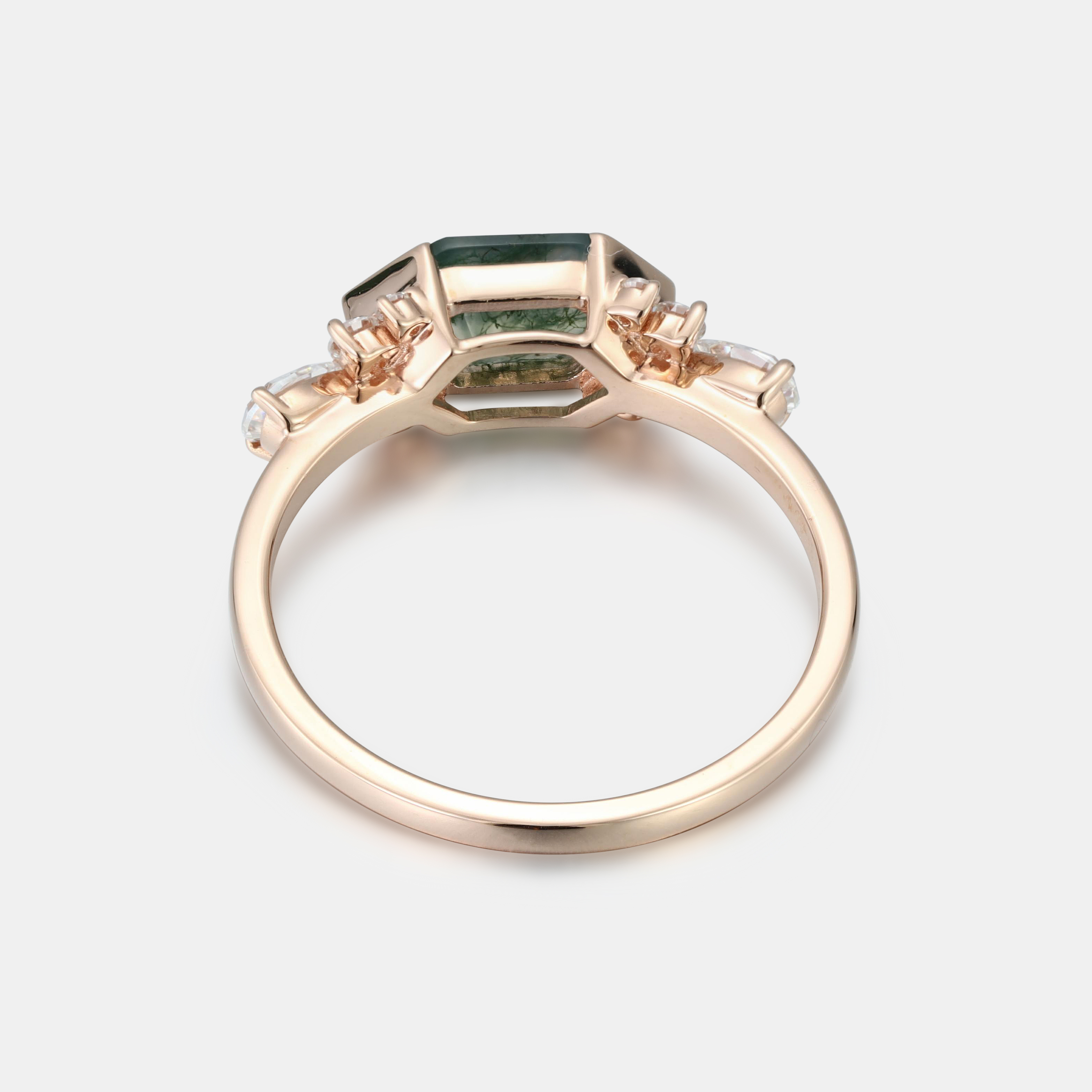 Lucky Hexagon Moss Agate Engagement Ring in 14K Rose Gold | Pear Diamond Trio Accents - LuckyGemstones