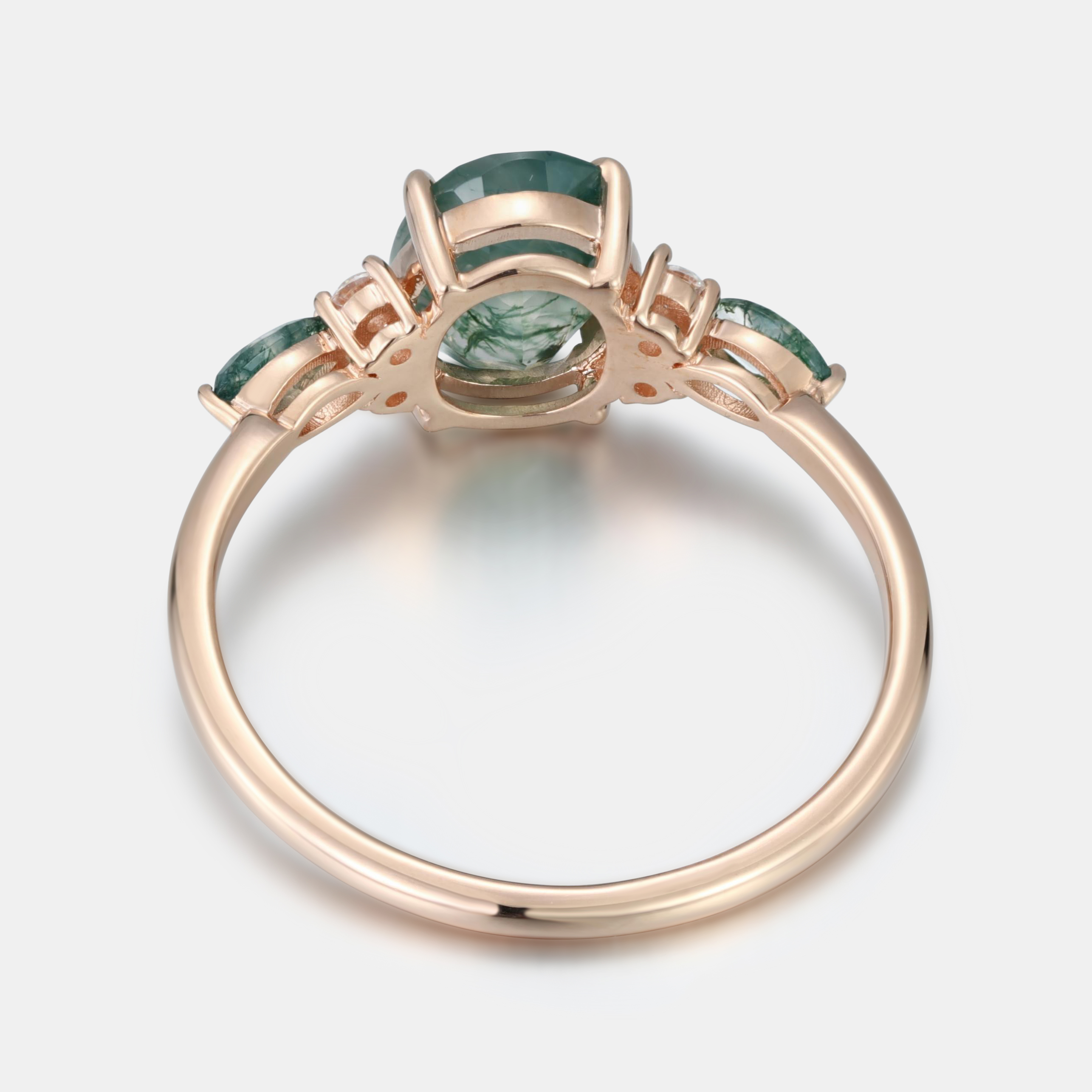 Rose Gold Natural Oval Cut Moss Agate Three-Stone Ring with Matching Pear Moss Agate Sides | Nature-Inspired Engagement Ring