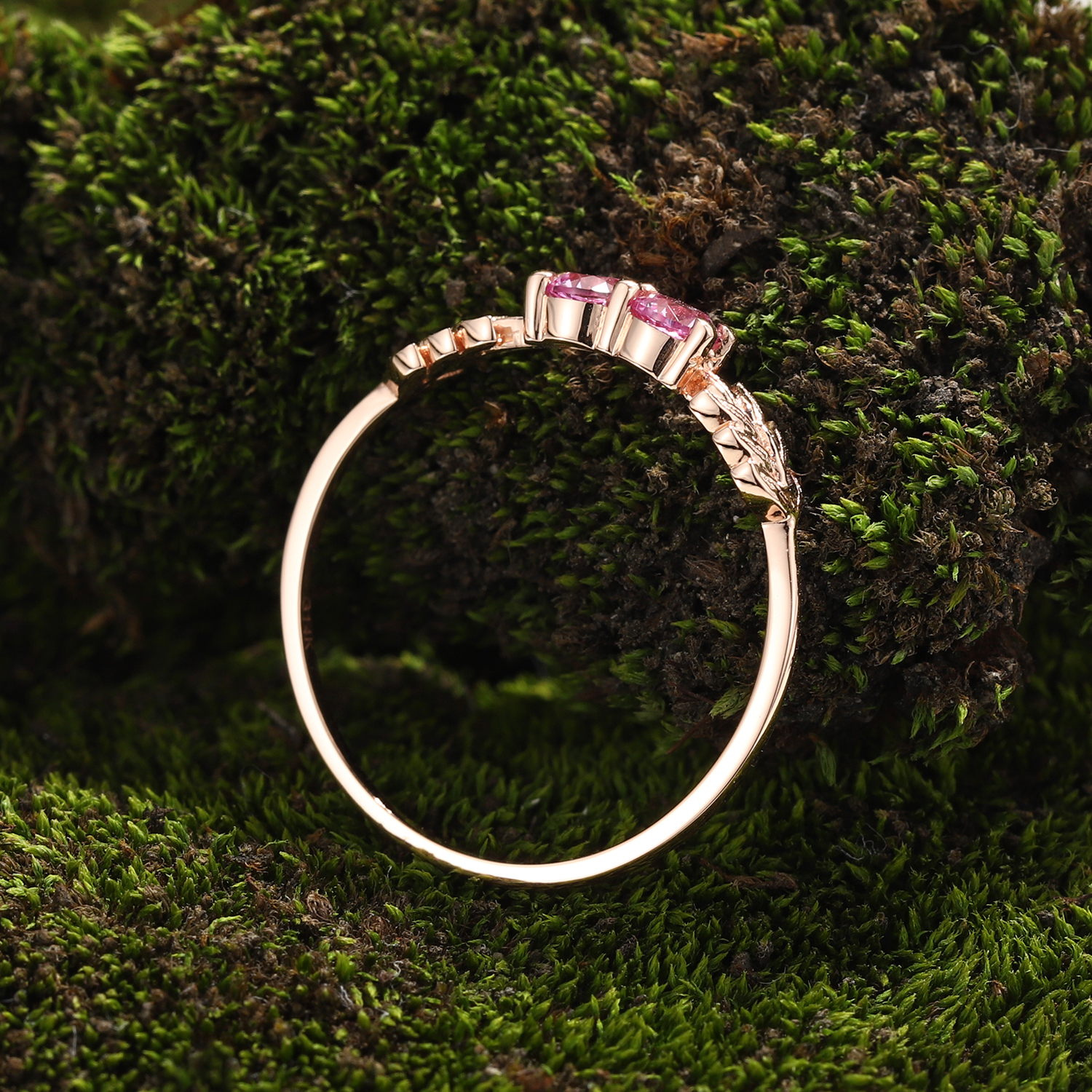 Lucky Gemstones | Round Lab Grown Pink Sapphire Engagement Ring | Rose Gold Band | Natural -Inspired Design