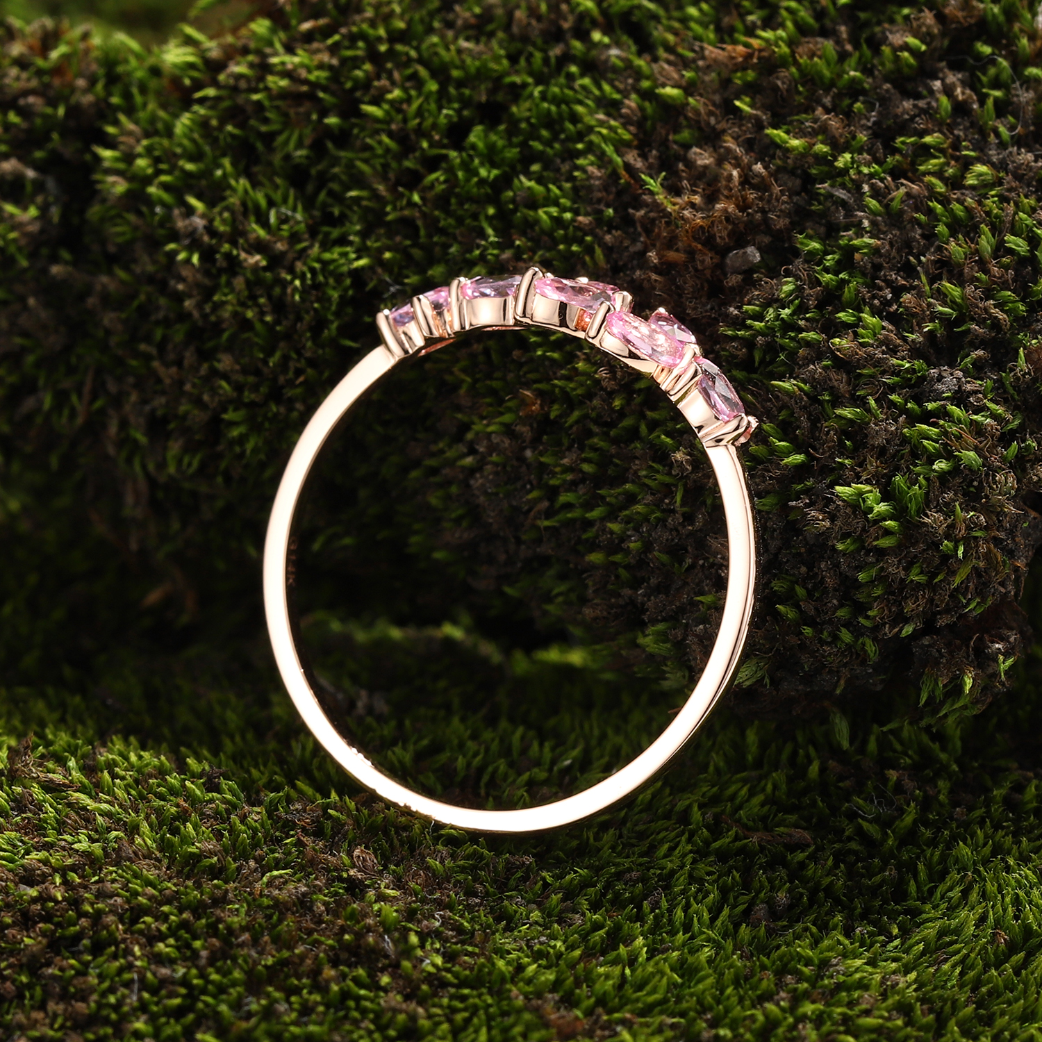 Lucky Gemstones | Marquise Lab Grown Pink Sapphire Wedding Band | Sapphire Cluster Rose Gold Band | Natural -Inspired Design