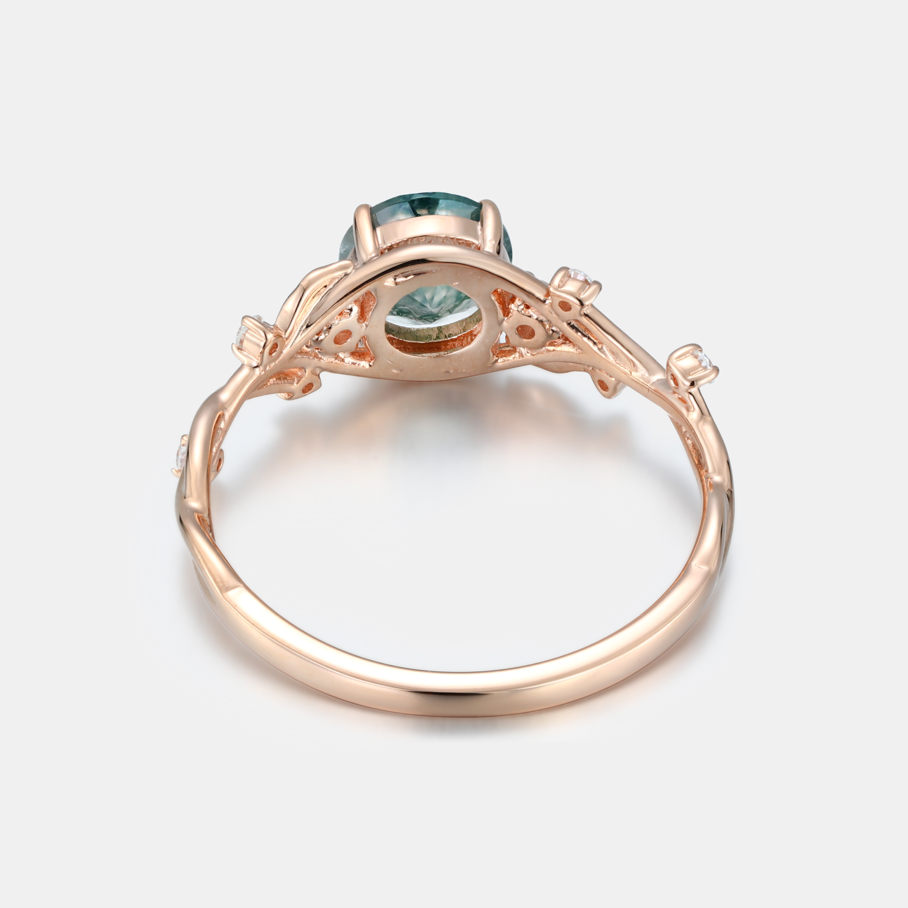 Lucky Gemstone | Round Moss Agate Engagement Ring in Rose Gold | Moissanite Accents | Nature-inspired Leaf & Vine Desaign