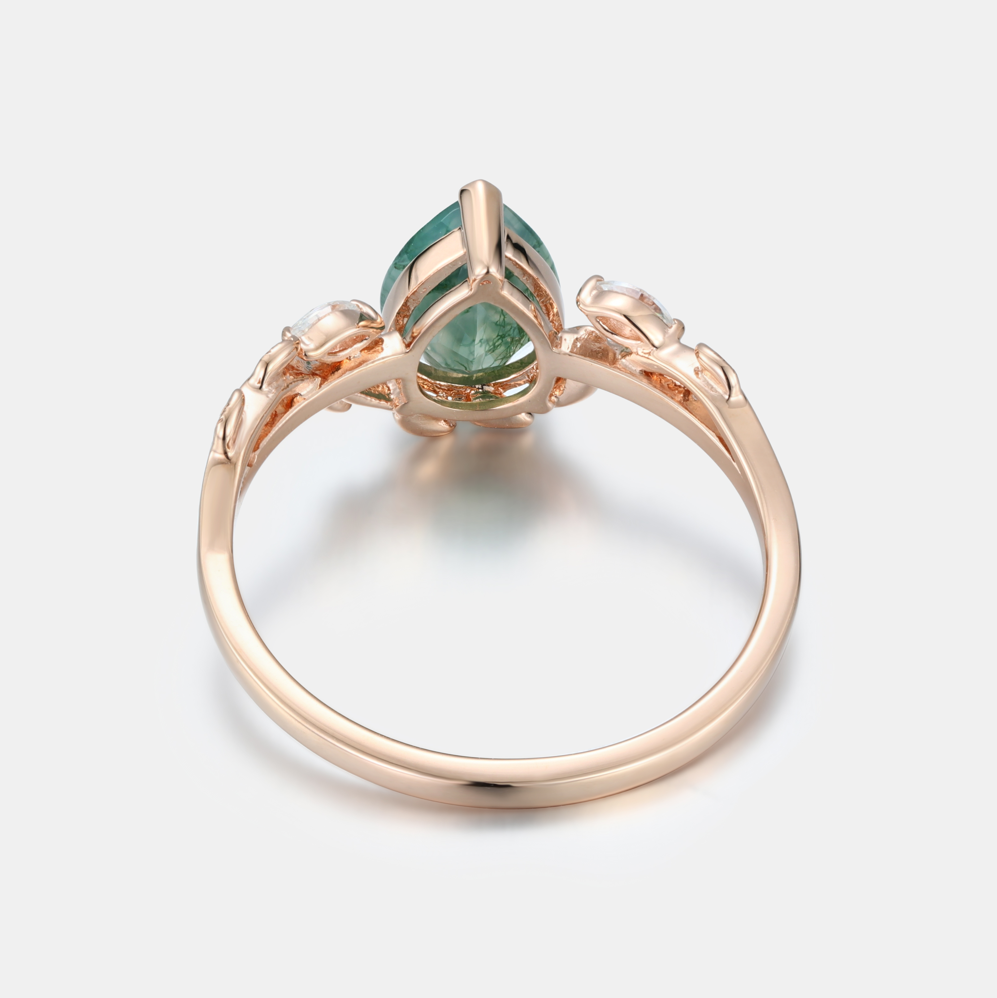 Lucky Gemstone | Pear Cut Natural Moss Agate Engagement Ring in Rose Gold | Natural-Inspired Design with Moissanite Accents