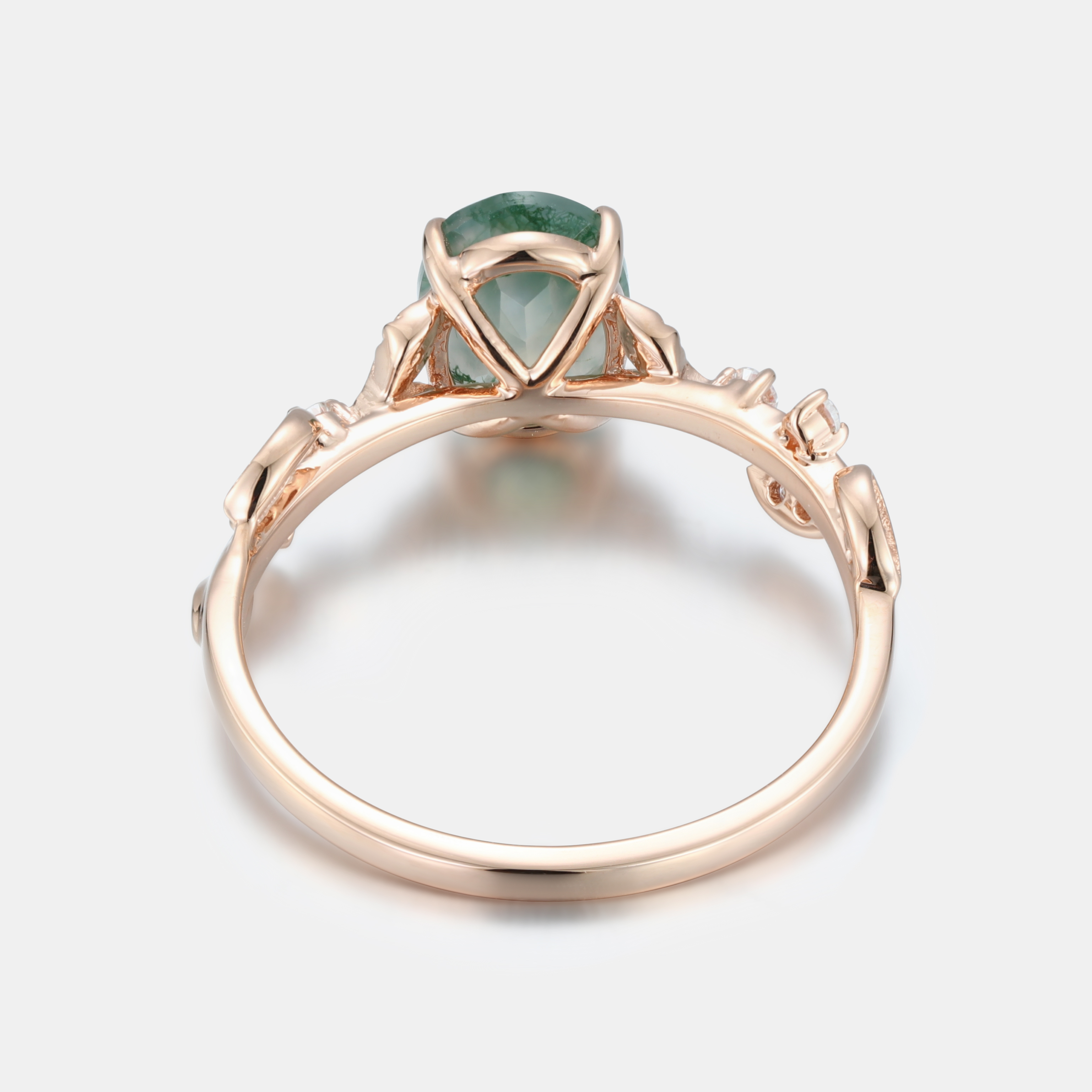 Lucky Gemstone | Oval Cut Natural Moss Agate Engagement Ring in Rose Gold | Laef & Vine Design with Moissanite Accents