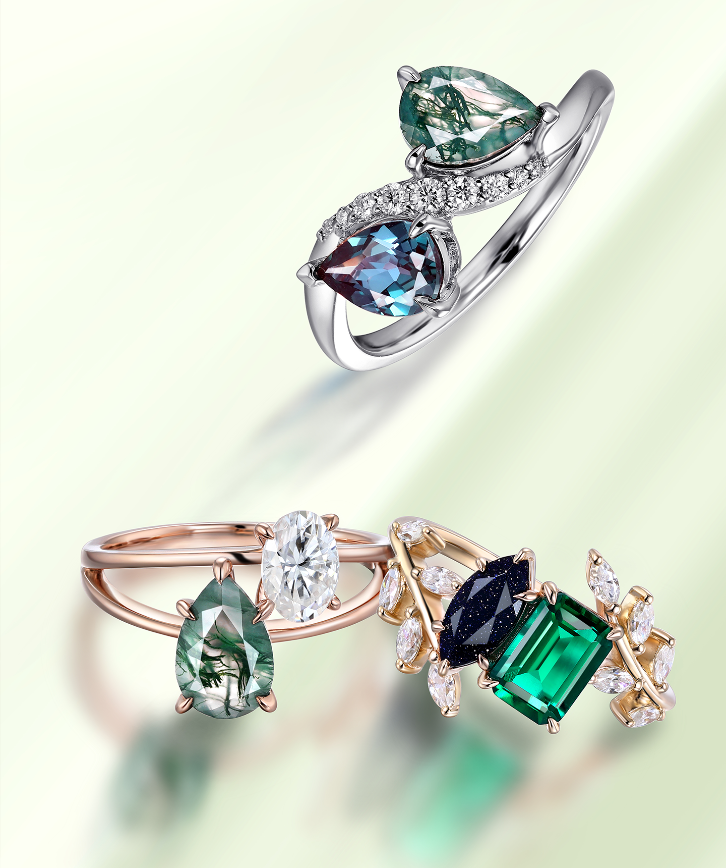 Engagement Rings Collection in 14K Gold with Lab Grown Diamonds, Moissanite & Moss Agate - LuckyGemstones