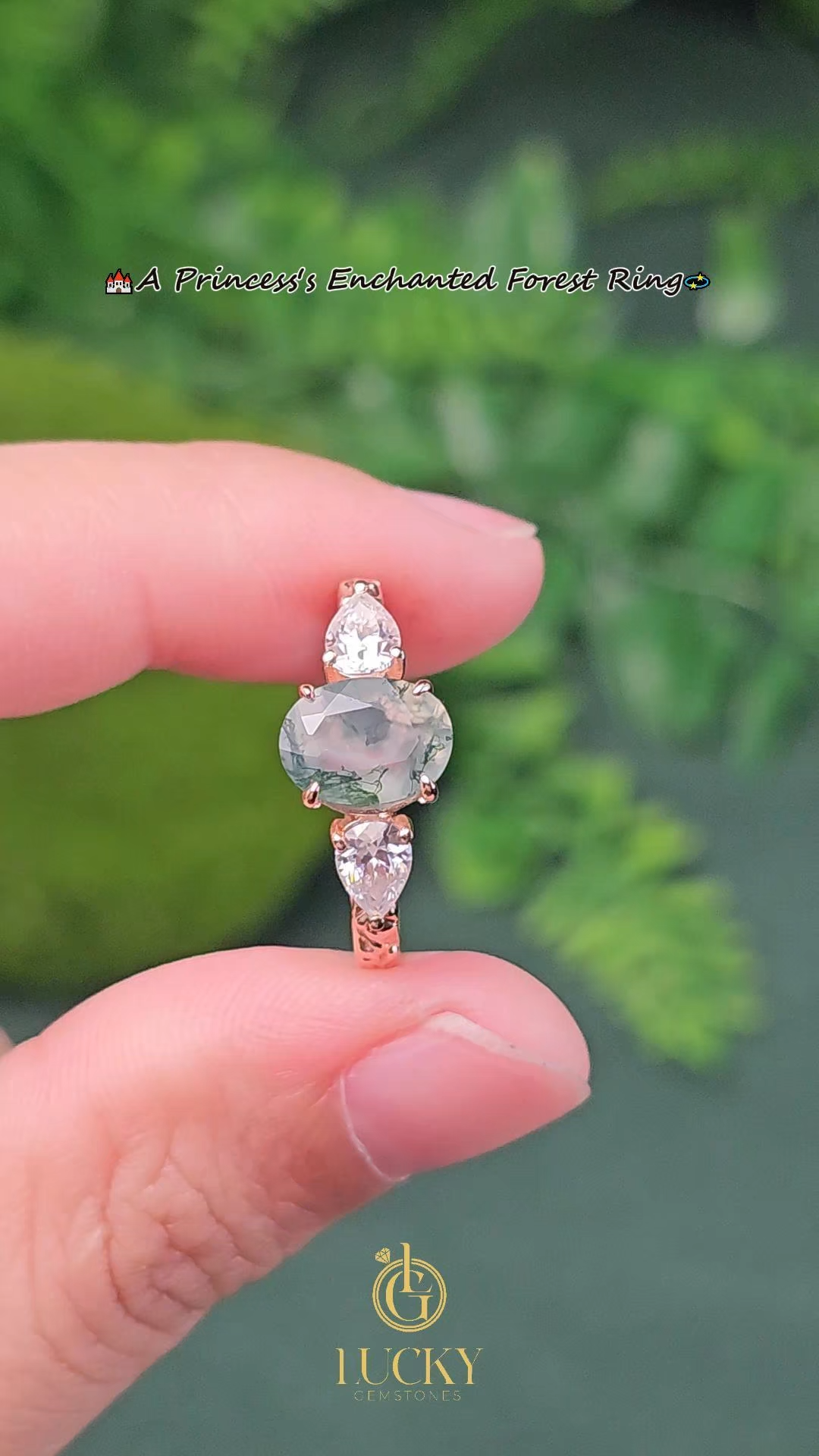 Rose Gold Natural Oval Cut Moss Agate Three-Stone Ring with Pear moissanite & Leaf Carving | Nature Elegant Engagement Ring