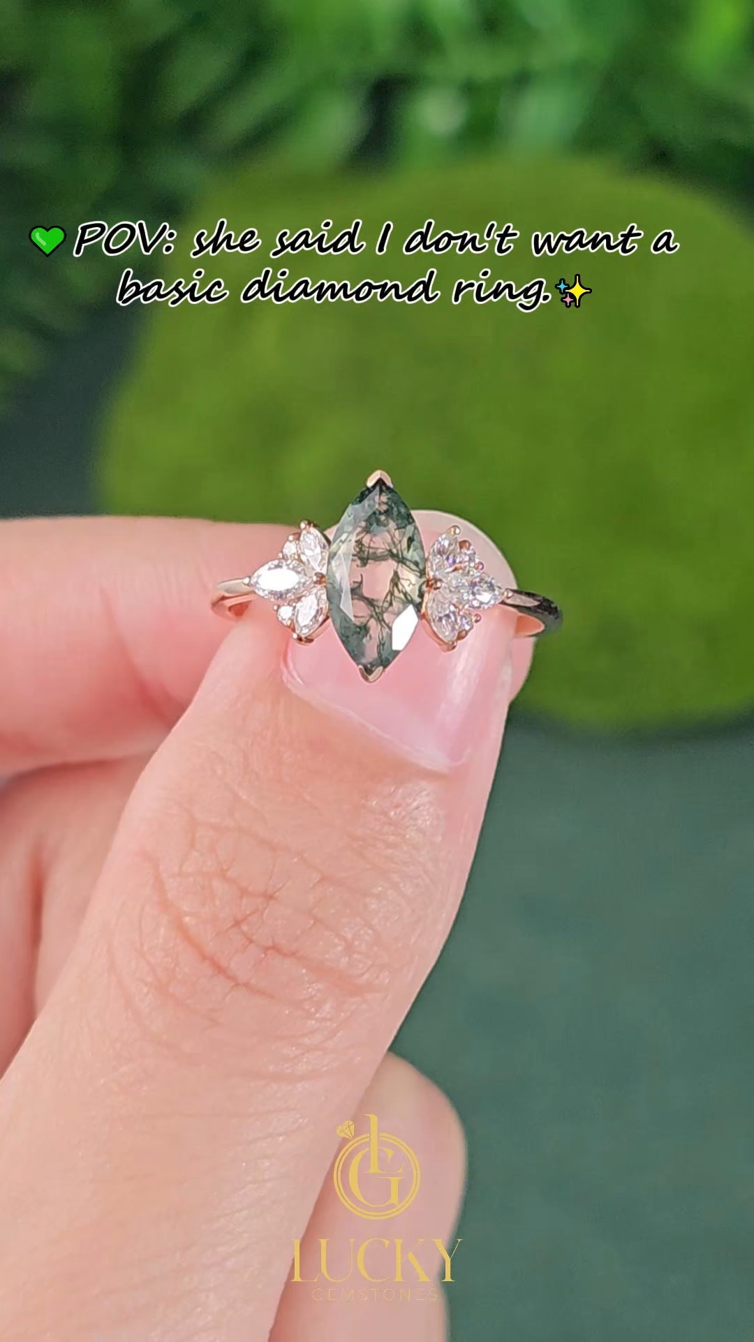 Rose Gold Natural Marquise Cut Moss Agate Floral Ring with Moissanite Leaf Accents | Nature-Inspired Engagement Ring-GLR0014