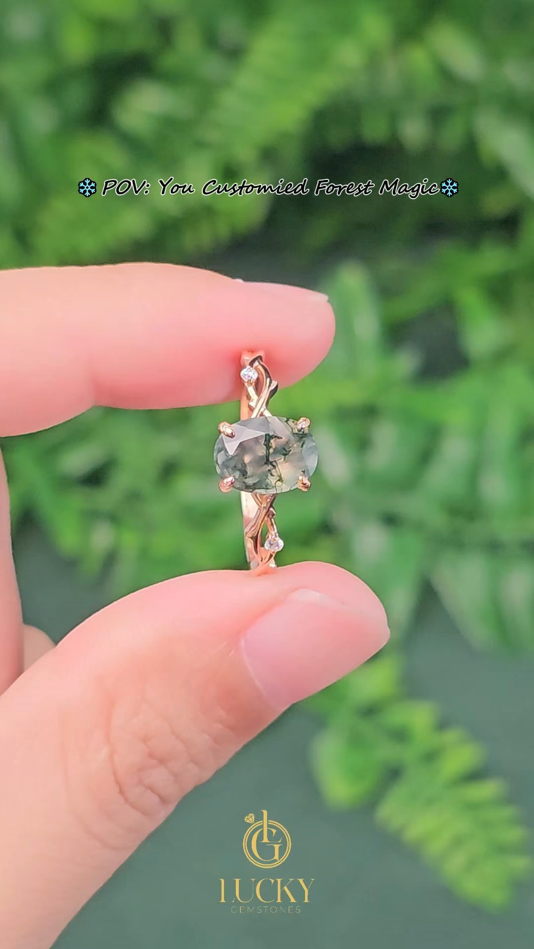 Rose Gold Natural Oval Cut Moss Agate Intertwined Vine Ring with Leaf Carving | Nature Artistic Engagement Ring