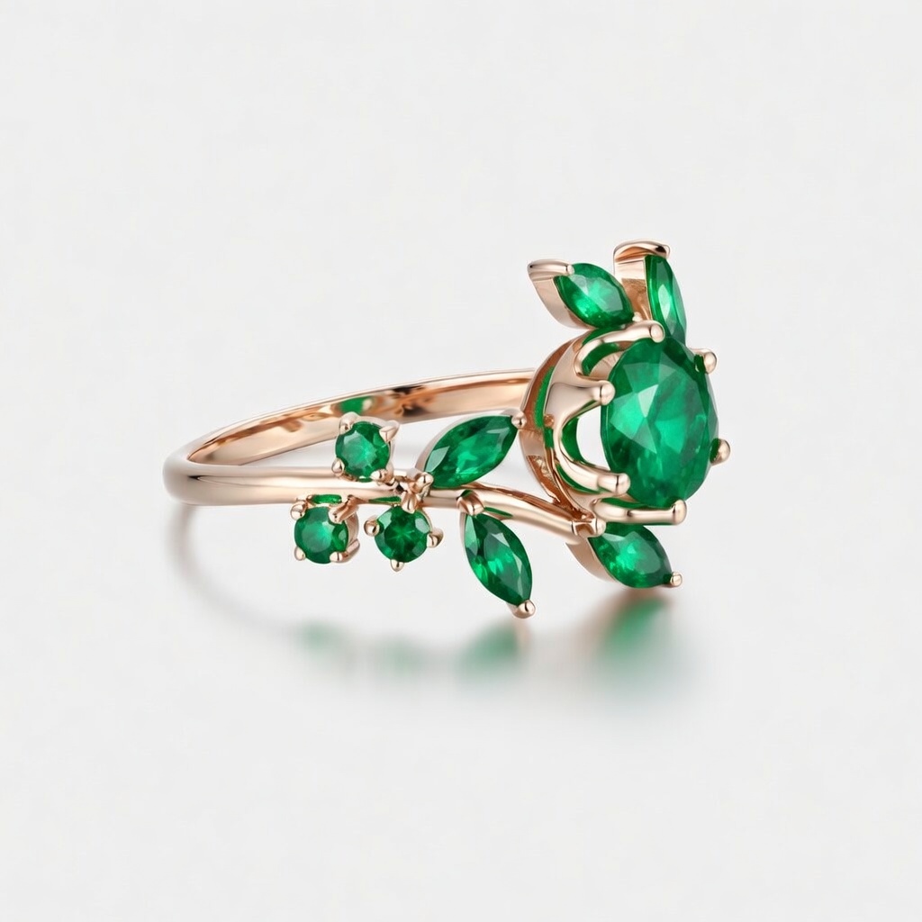 Lucky Verdant Vine Round Lab Grown Emerald Engagement Ring in 14K Rose Gold | Marquise Leaf Branch Cluster