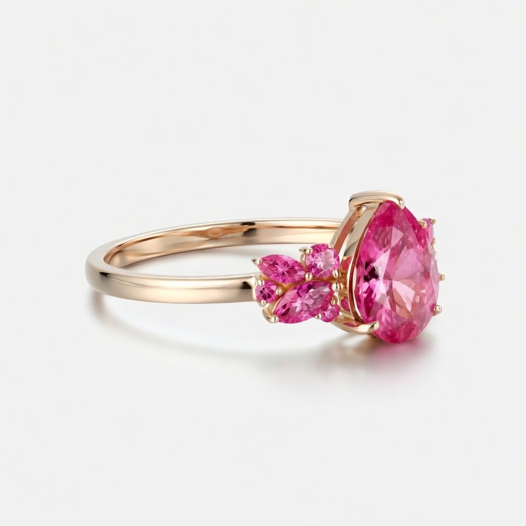 Lucky Gemstones Citrine | Pear Cut Lab Grown Pink Sapphire Ring | Round & Marquise Pink Sapphire Cluster Accents | Nature-Inspired Engagement Ring