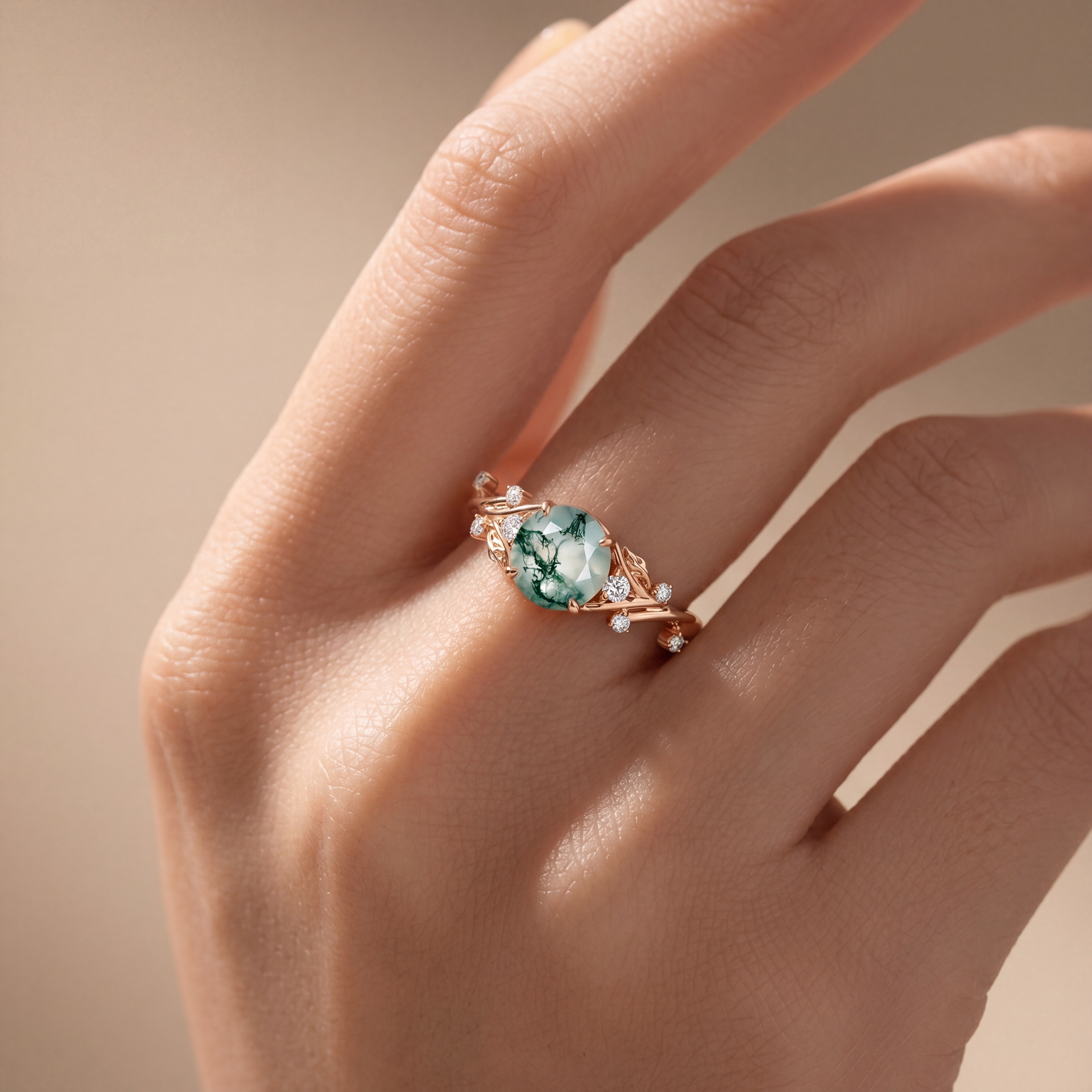 Lucky Gemstones | Round Moss Agate Engagement Ring in Rose Gold | Moissanite Accents | Nature-inspired Leaf & Vine Desaign