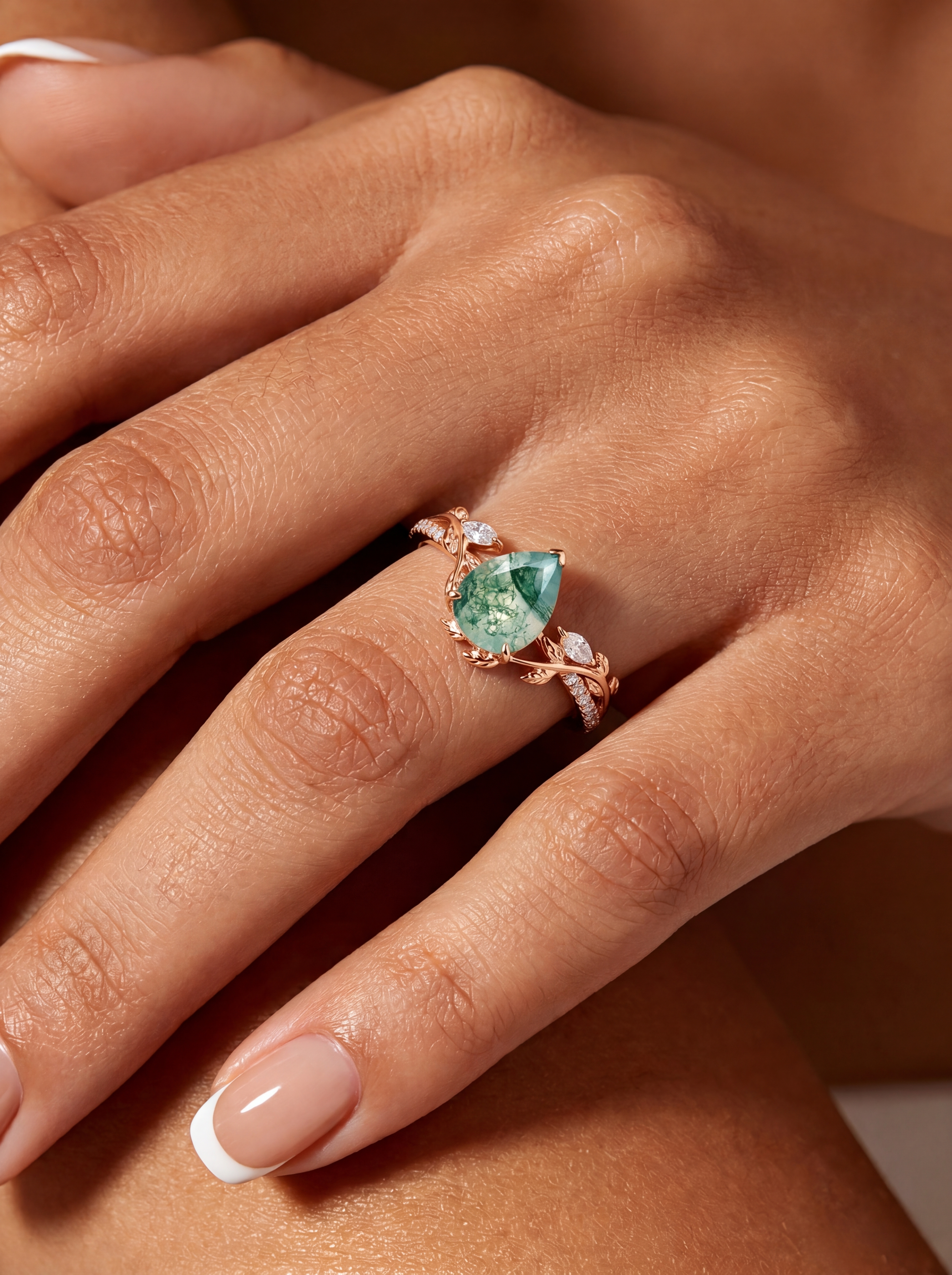 Lucky Gemstones | Pear Cut Natural Moss Agate Engagement Ring in Rose Gold | Natural-Inspired Design with Moissanite Accents