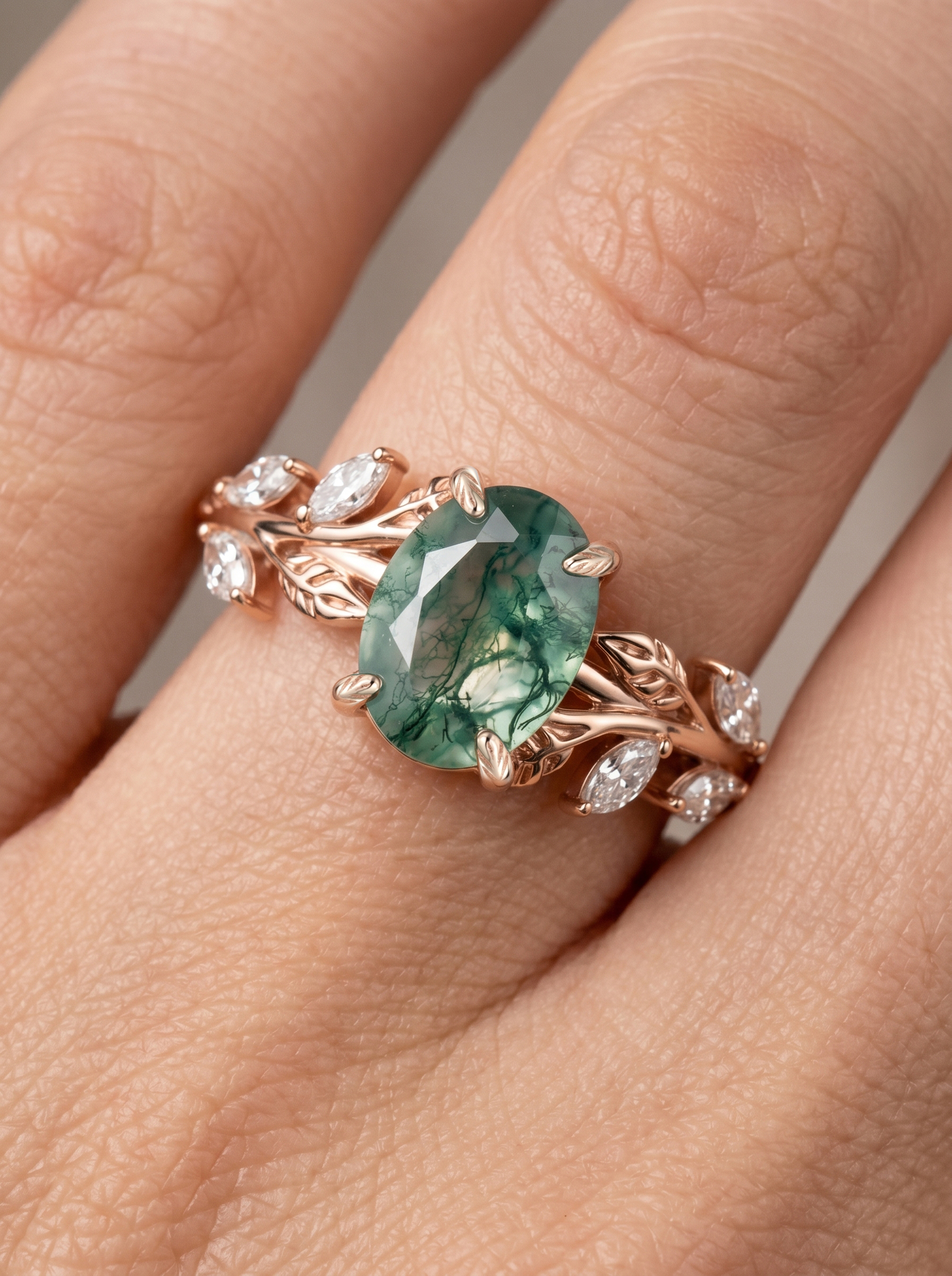 Lucky Gemstone | Oval Cut Natural Moss Agate Engagement Ring | Rose Gold Moissanite Cluster Band | Natural-Inspired Design