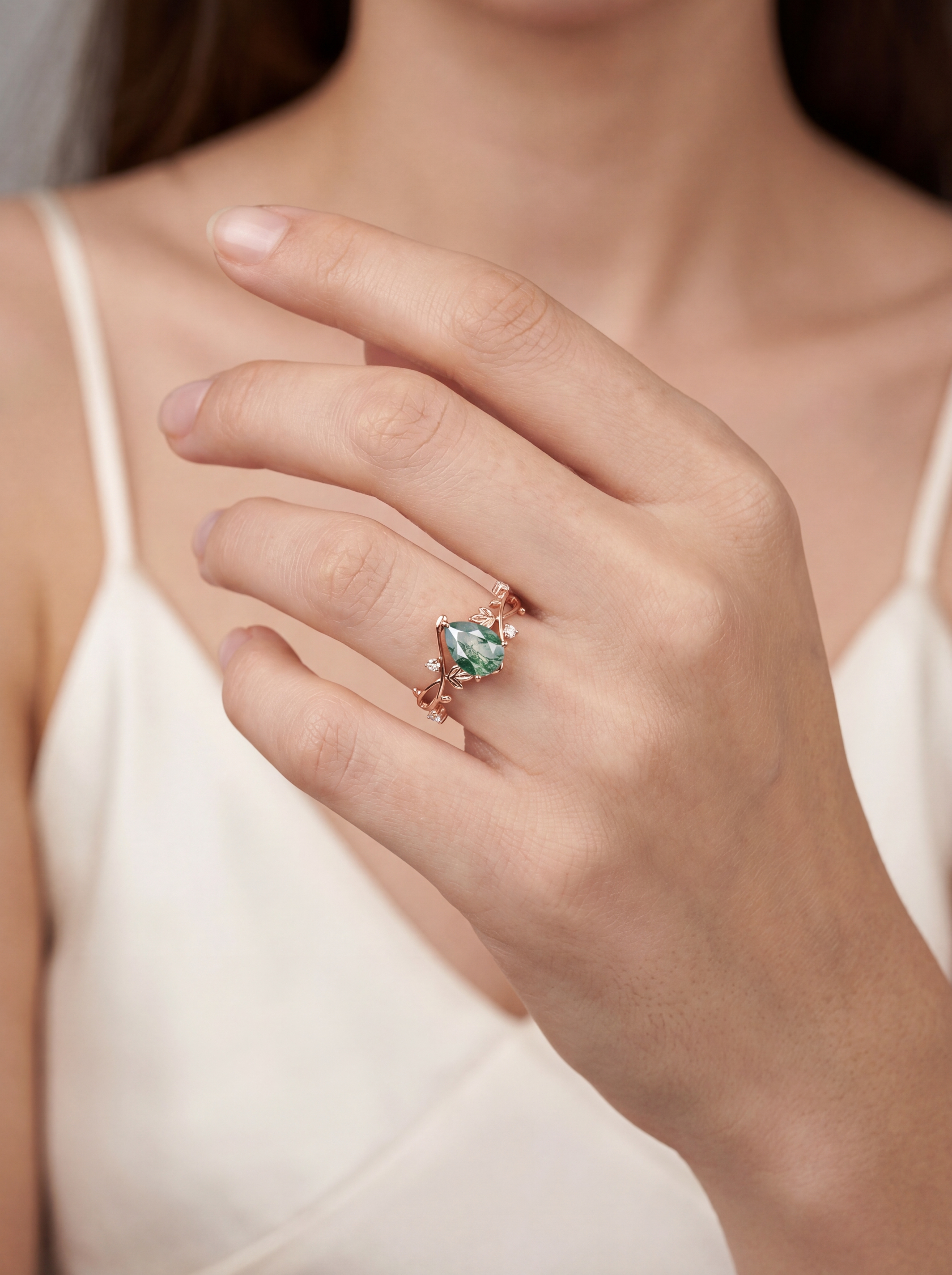 Lucky Gemstone Pear Cut Moss Agate Engagement Ring Moissanite Accent Rose Gold Vine Foliage Band
