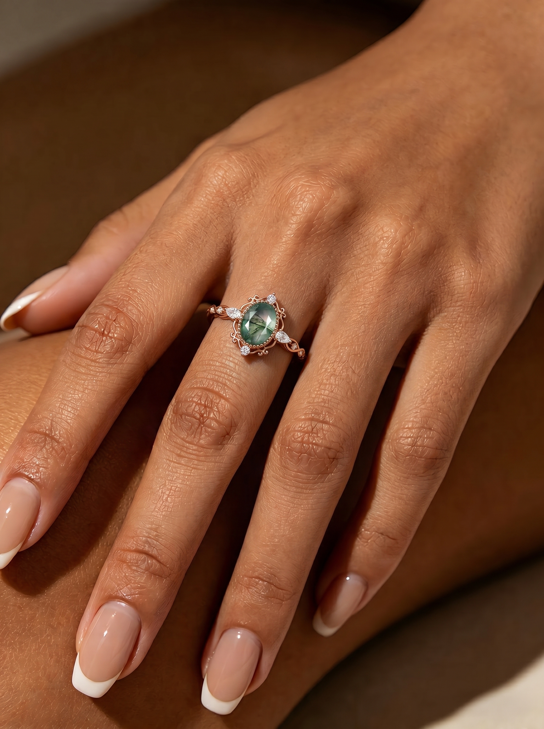 Lucky Gemstone | Oval Cut Moss Agate Engagement Ring | Moissanite Accent | Weave Rose Gold Band