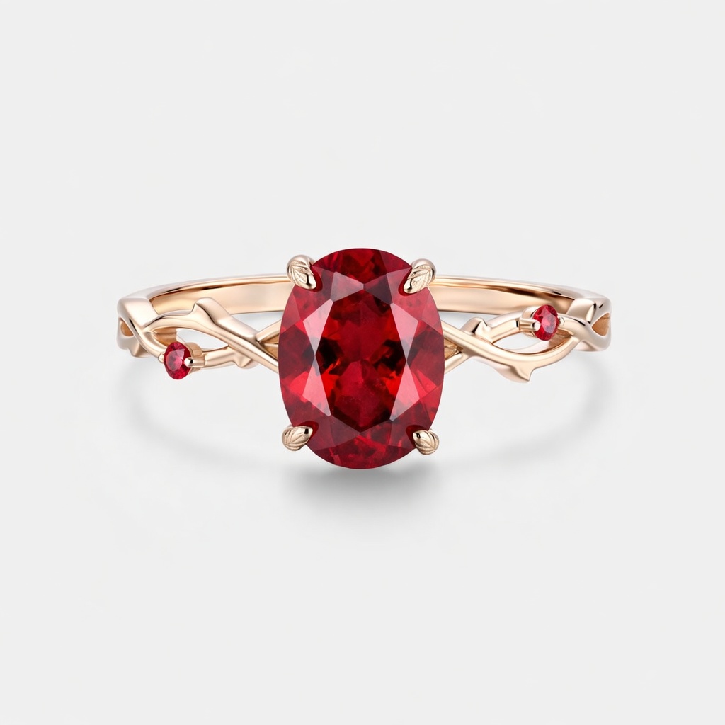 Lucky Oval Lab Grown Ruby Engagement Ring in Rose Gold | Intricate Leaf Vine Botanical Design with Ruby Accents