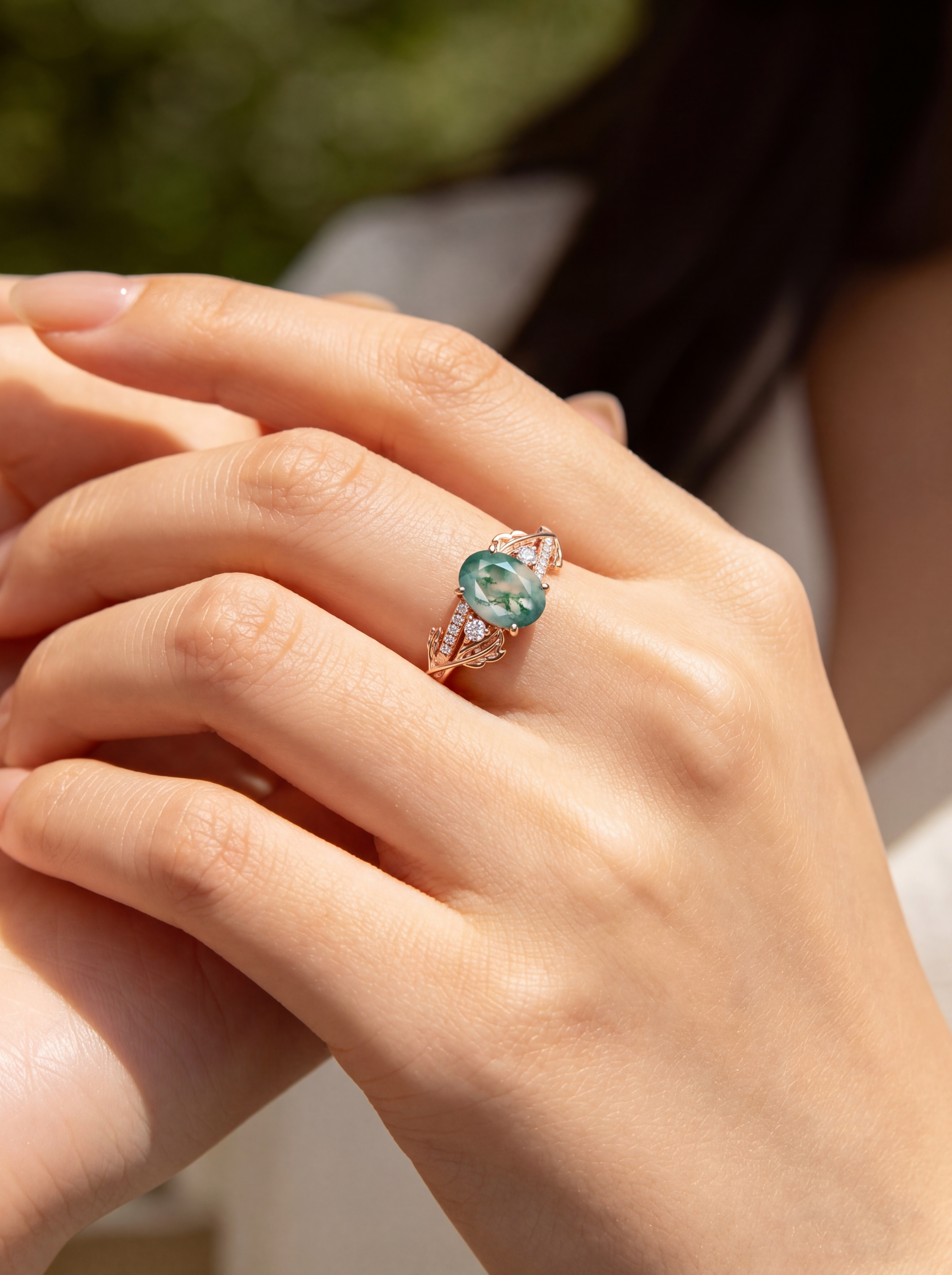 Lucky Gemstones | Oval Cut Moss Agate Engagement Ring | Leaf Vine Floral with Moissanite Accents | Natural Inspired Artistic