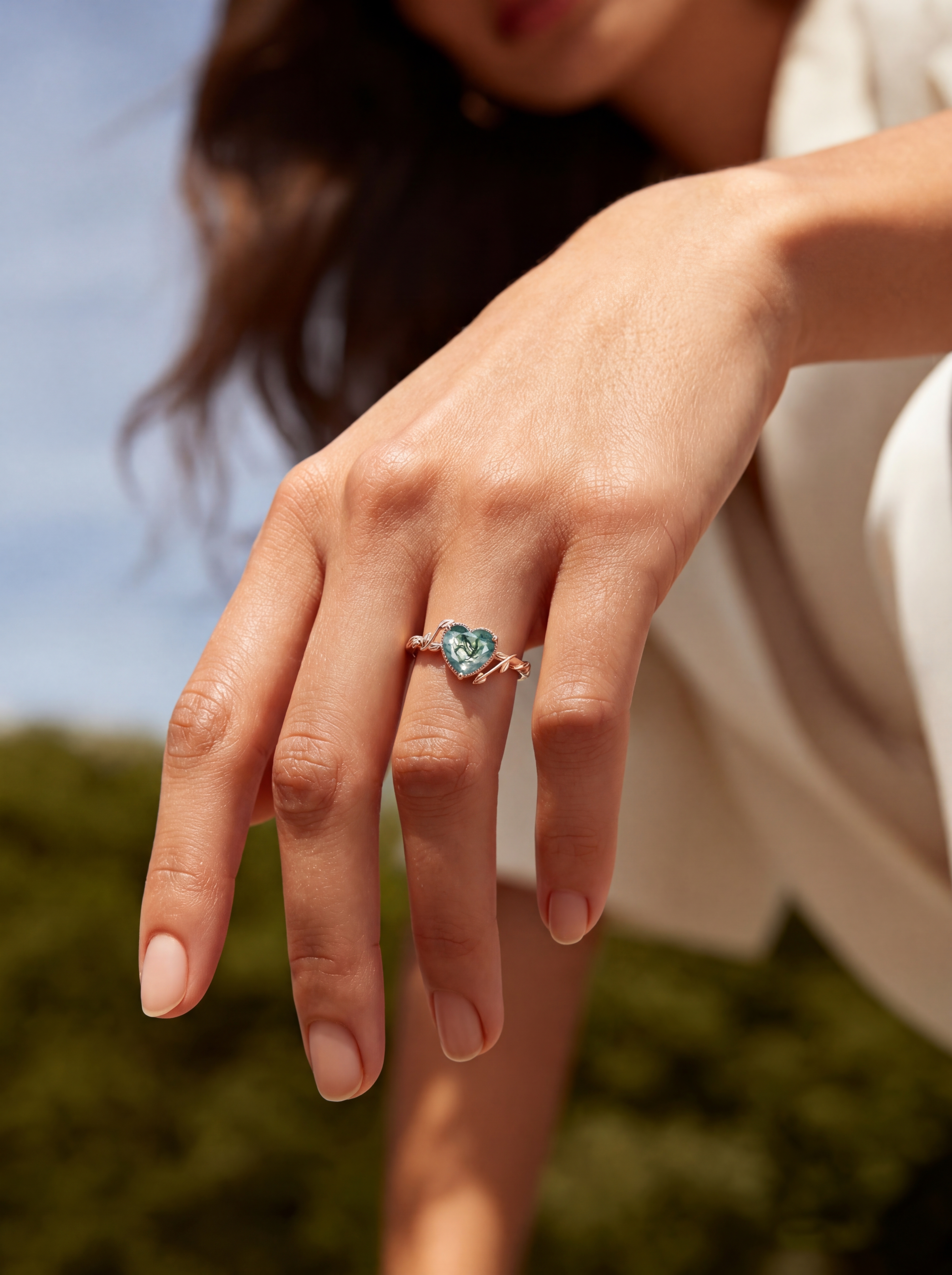 Lucky Gemstone | Heart Cut Moss Agate Engagement Ring in Rose Gold | Milgrain Leaf Vine Botanical Motif Design Band