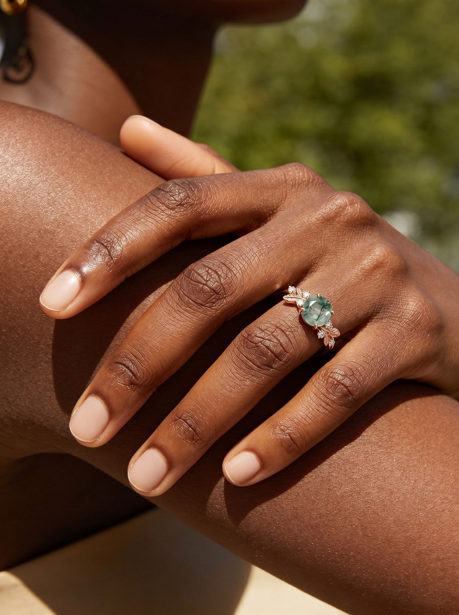 Lucky Gemstones Round Moss Agate Engagement Ring in Rose Gold | Leaf Vine Botanical Design with Moissanite Accents