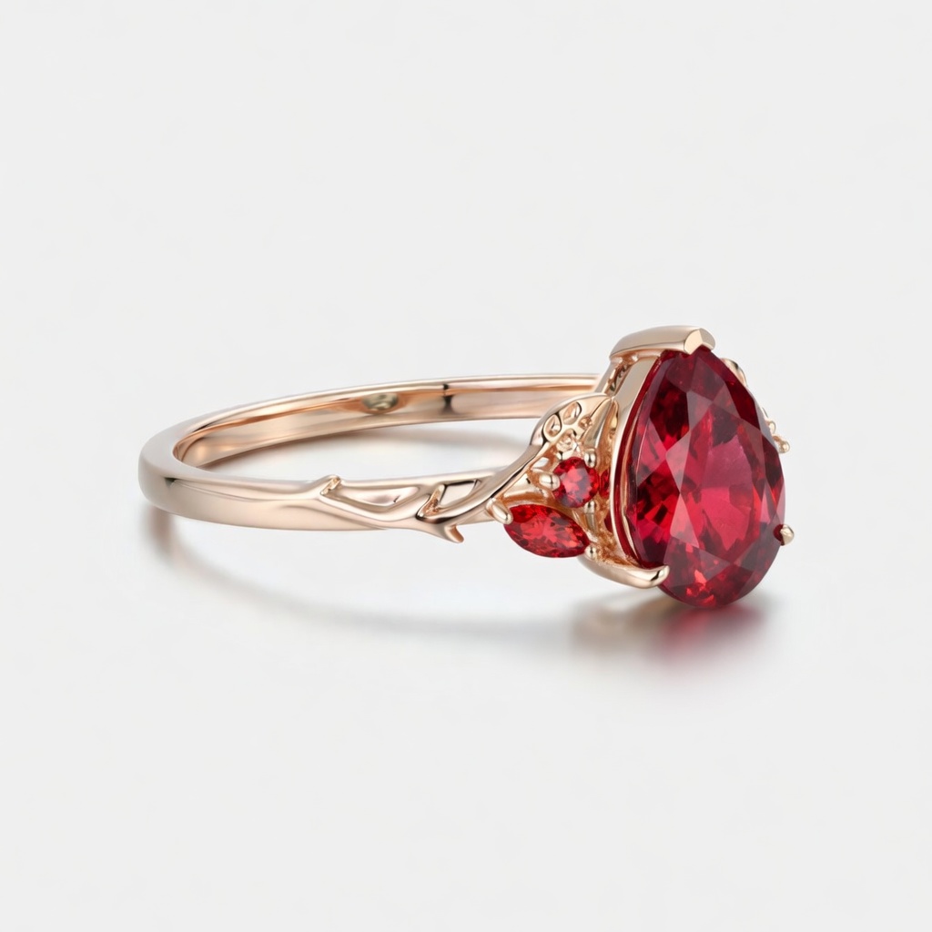 Lucky Pear Lab Grown Ruby Engagement Ring in Rose Gold | Leaf Vine Botanical Design with Pear Ruby Accents