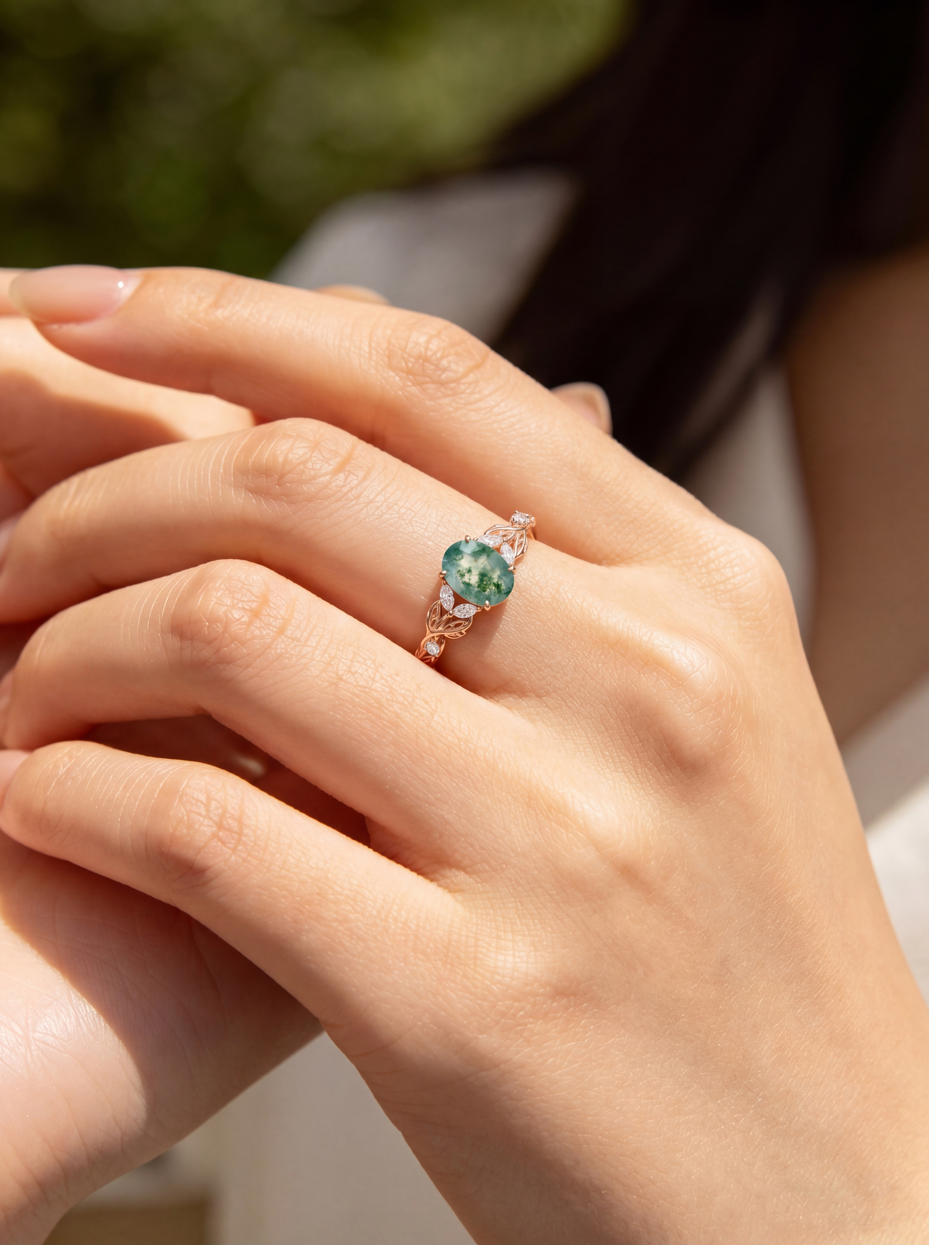 Rose Gold Natural Oval Cut Moss Agate Vine Leaf Ring with Moissanite Accents | Nature-Inspired Engagement Ring