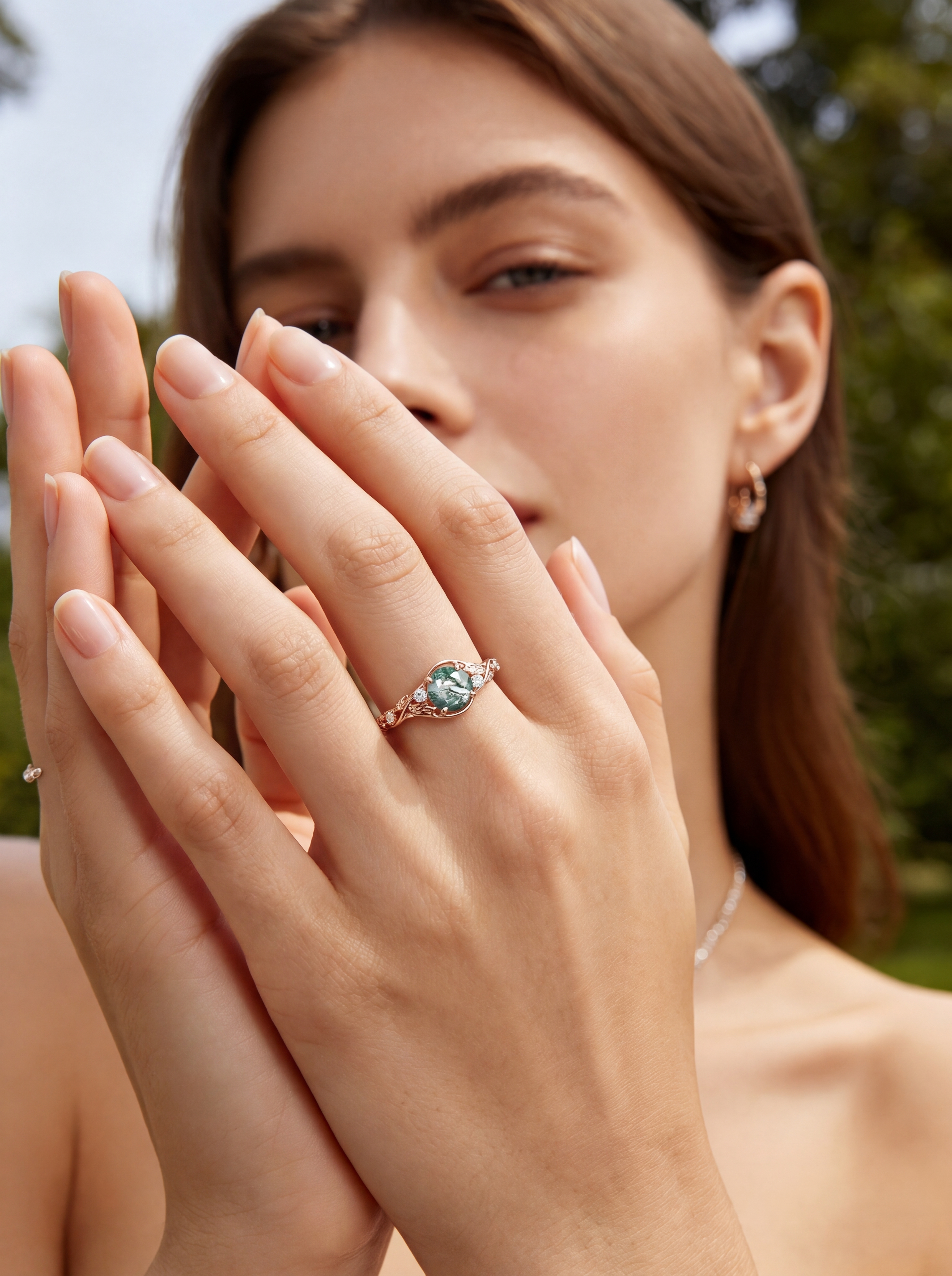 Lucky Rose Gold Round Moss Agate Enagagement Ring | Leaf Vine with Moissanite Accent | Nature Artistic