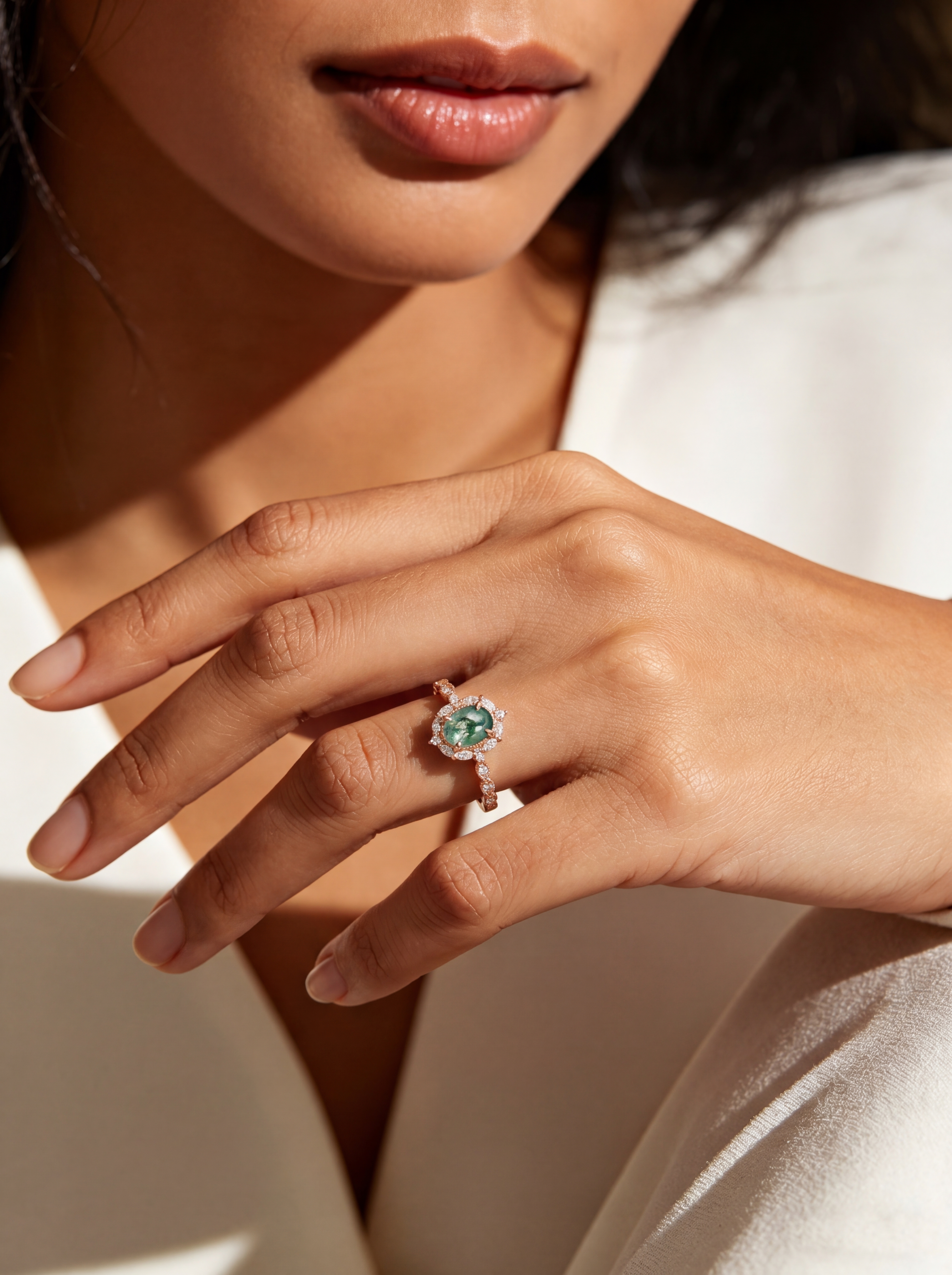 Lucky Gemstones | Oval Moss Agate Engagement Ring with Moissanite Halo | Rose Gold Leaf Vine Weave Band Moissanite Accent