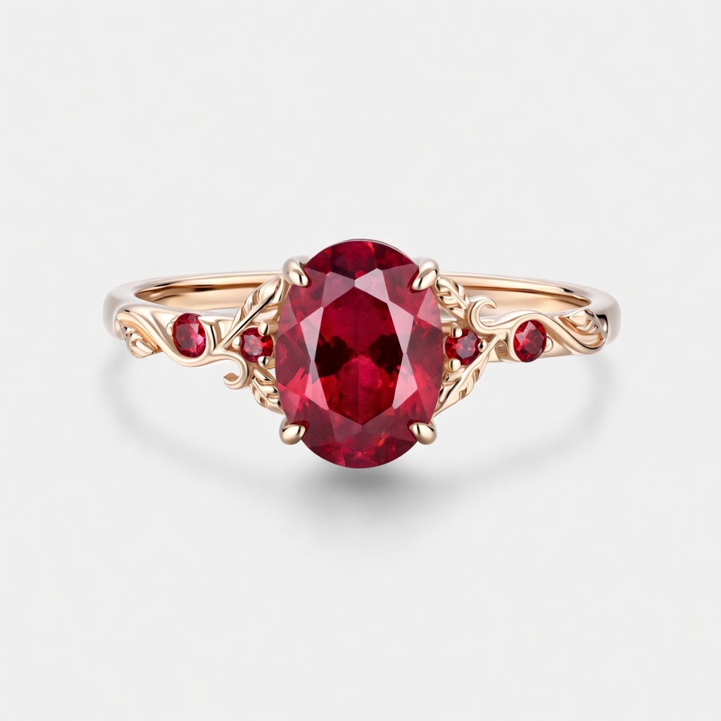 Lucky Oval Lab Grown Ruby Engagement Ring in Rose Gold | Delicate Leaf & Scroll Botanical Design with Ruby Accents