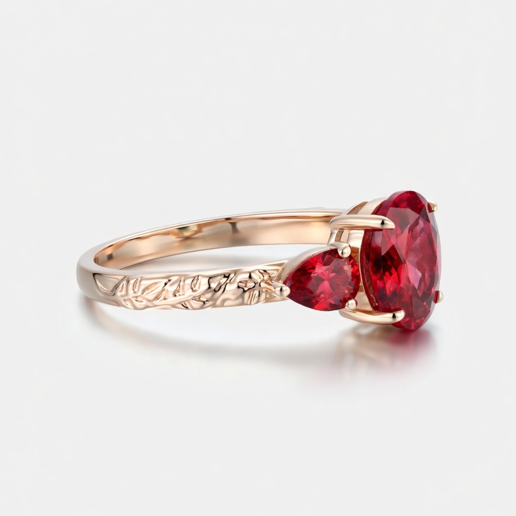 Lucky Oval Lab Grown Ruby Engagement Ring in 14K Rose Gold | Three-Stone Pear Side Stones with Leaf Vine Design