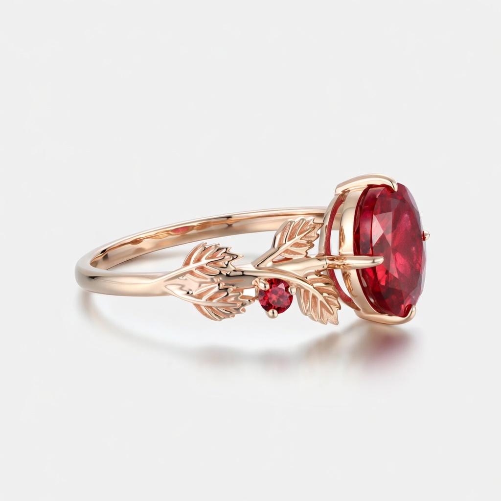 Lucky Oval Lab Grown Ruby Engagement Ring in Rose Gold | Exquisite Leaf Vine Botanical Design with Ruby Accents