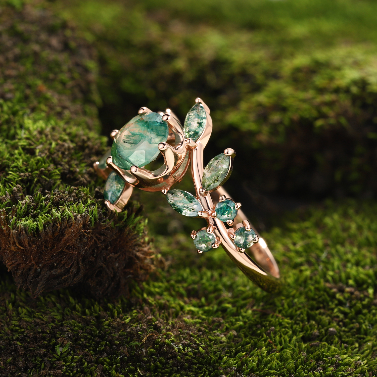 Lucky Blooming Moss Agate Engagement Ring in Rose Gold | Marquise Leaf Cluster Floral Design