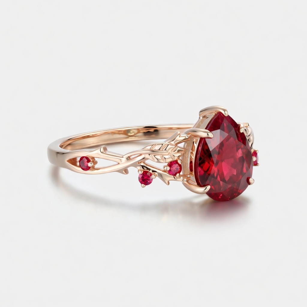 Lucky Pear Lab Grown Ruby Engagement Ring in 14K Rose Gold | Lush Leaf & Vine Botanical Design with Ruby Accents