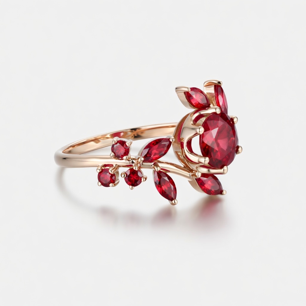 Lucky Blooming Round Lab Grown Ruby Engagement Ring in Rose Gold | Marquise Leaf Cluster Floral Design