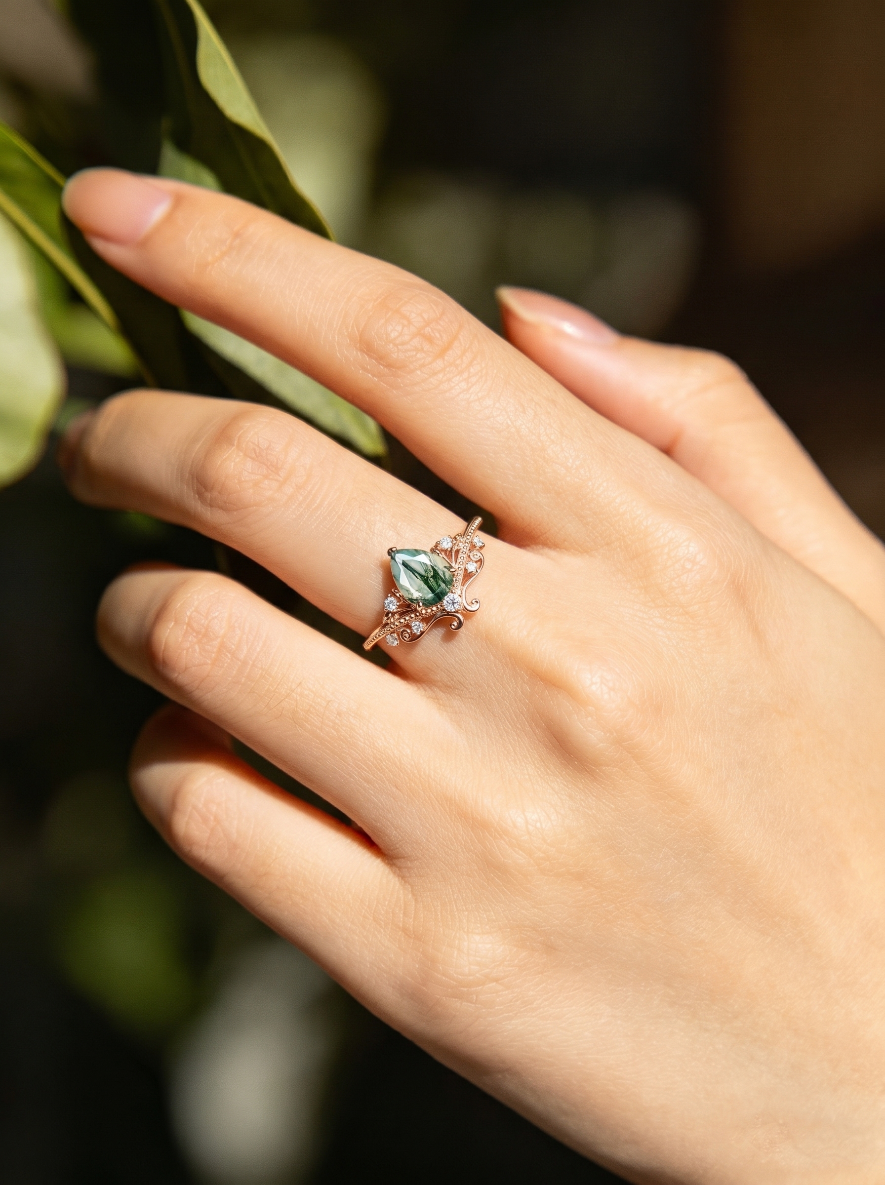 Rose Gold Natural Pear Cut Moss Agate Art Nouveau Ring with Vine Milgrain Accents | Luxurious Vintage Engagement Ring
