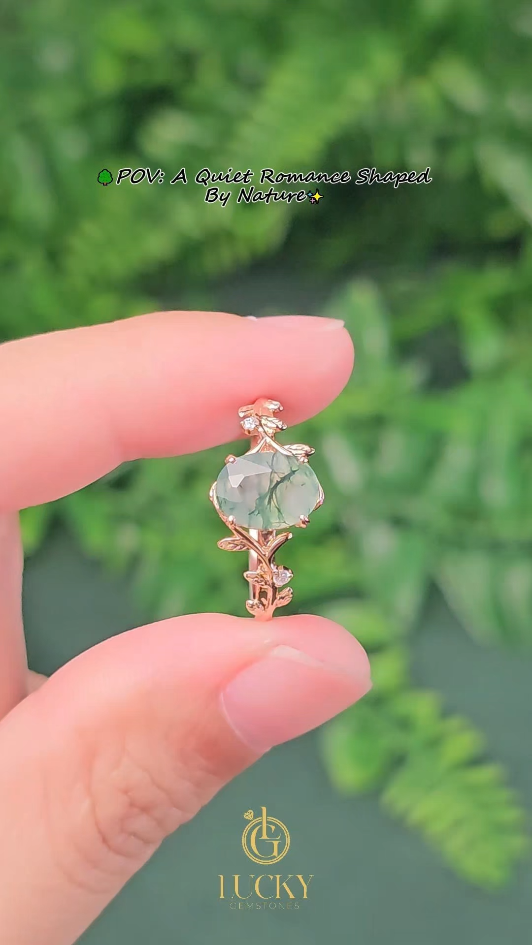 Oval Moss Agate Rose Gold Leaf Ring with Symmetrical Carved Leaves | Unique Forest Boho