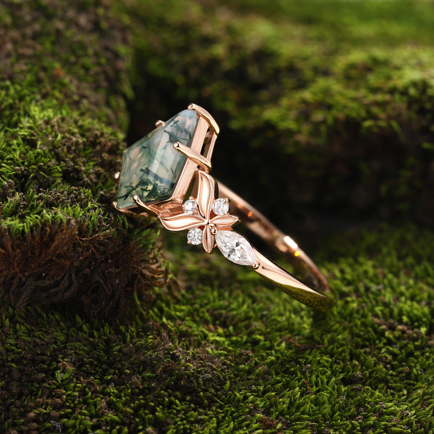 Rose Gold Natural Kite Cut Moss Agate Leaf Vine Ring with Diamond Floral Accents | Artistic Vintage Engagement Ring-GLR0043