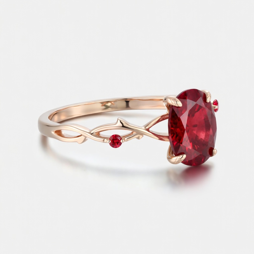 Lucky Oval Lab Grown Ruby Engagement Ring in Rose Gold | Intricate Leaf Vine Botanical Design with Ruby Accents