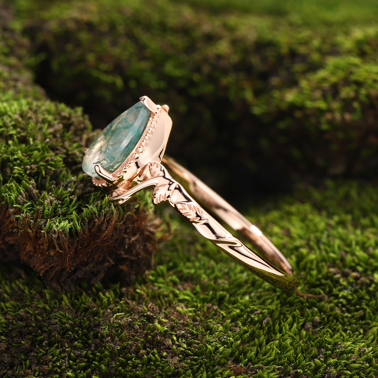 Lucky Gemstone | Pear Cut Moss Agate Engagement Ring | Rose Gold Milgrain Natural Inspired Design Band