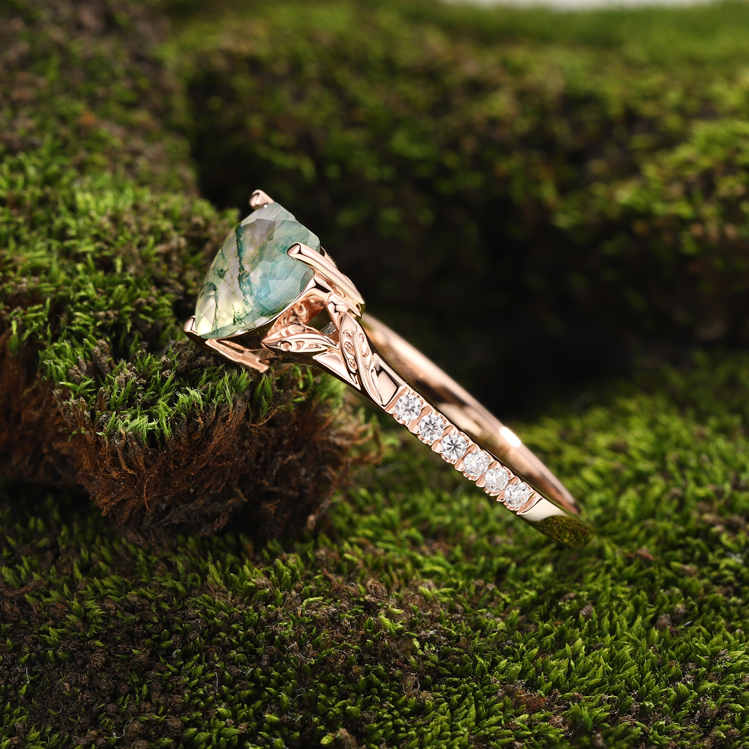 Lucky Gemstone Heart Cut Moss Agate Engagement Ring Intertwined Vine with Leaf Carving & moissanite Accents 