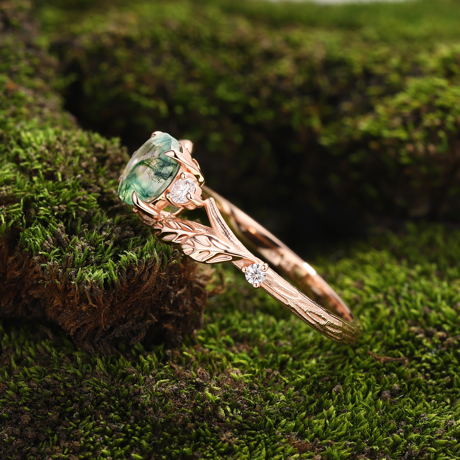 Whispers of The Forest – Round Cut Moss Agate Engagement Ring in Rose Gold with Leaf Vine & Moissanite Accent