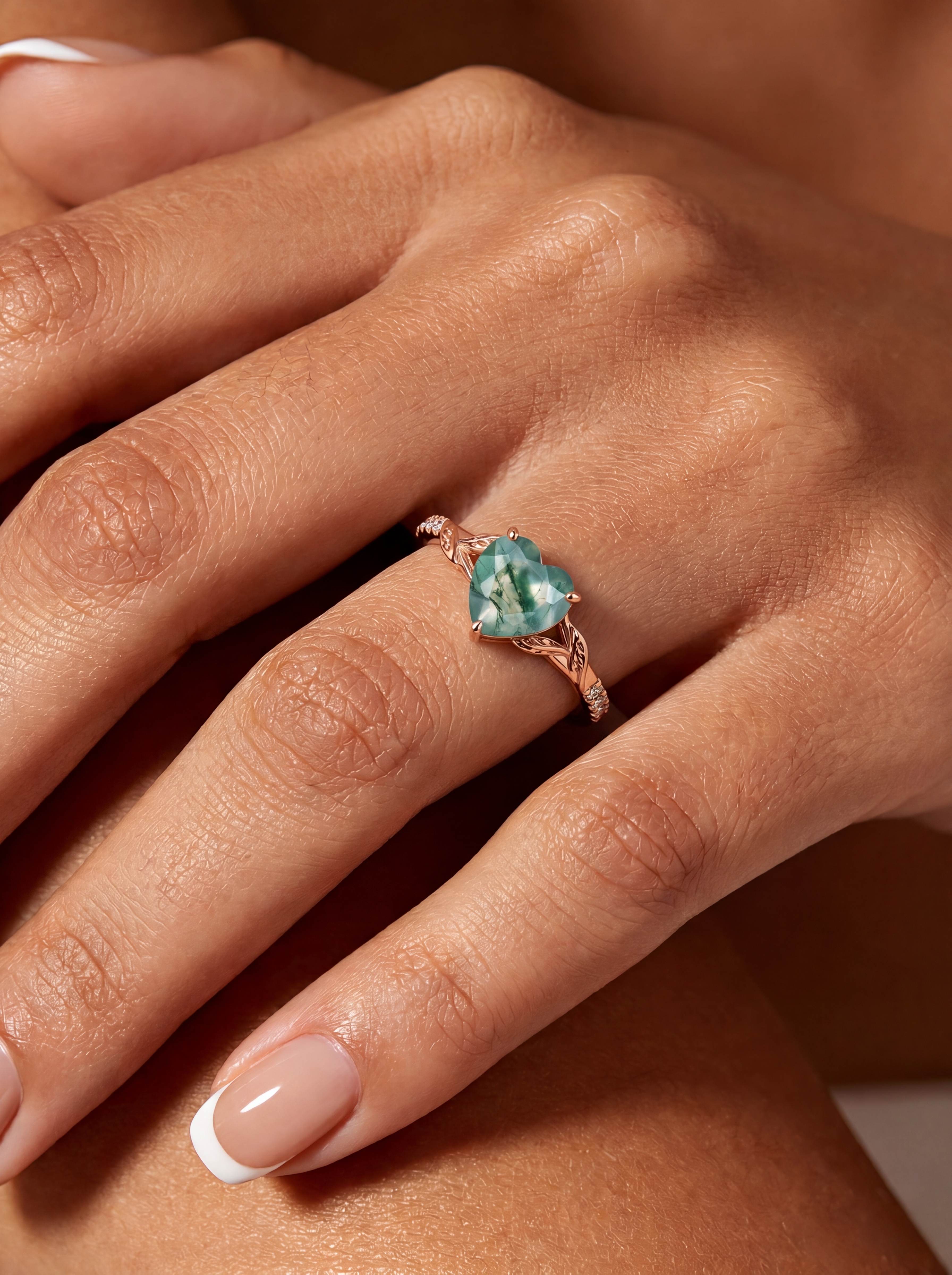 Lucky Gemstones Heart Cut Moss Agate Engagement Ring Intertwined Vine with Leaf Carving & moissanite Accents 