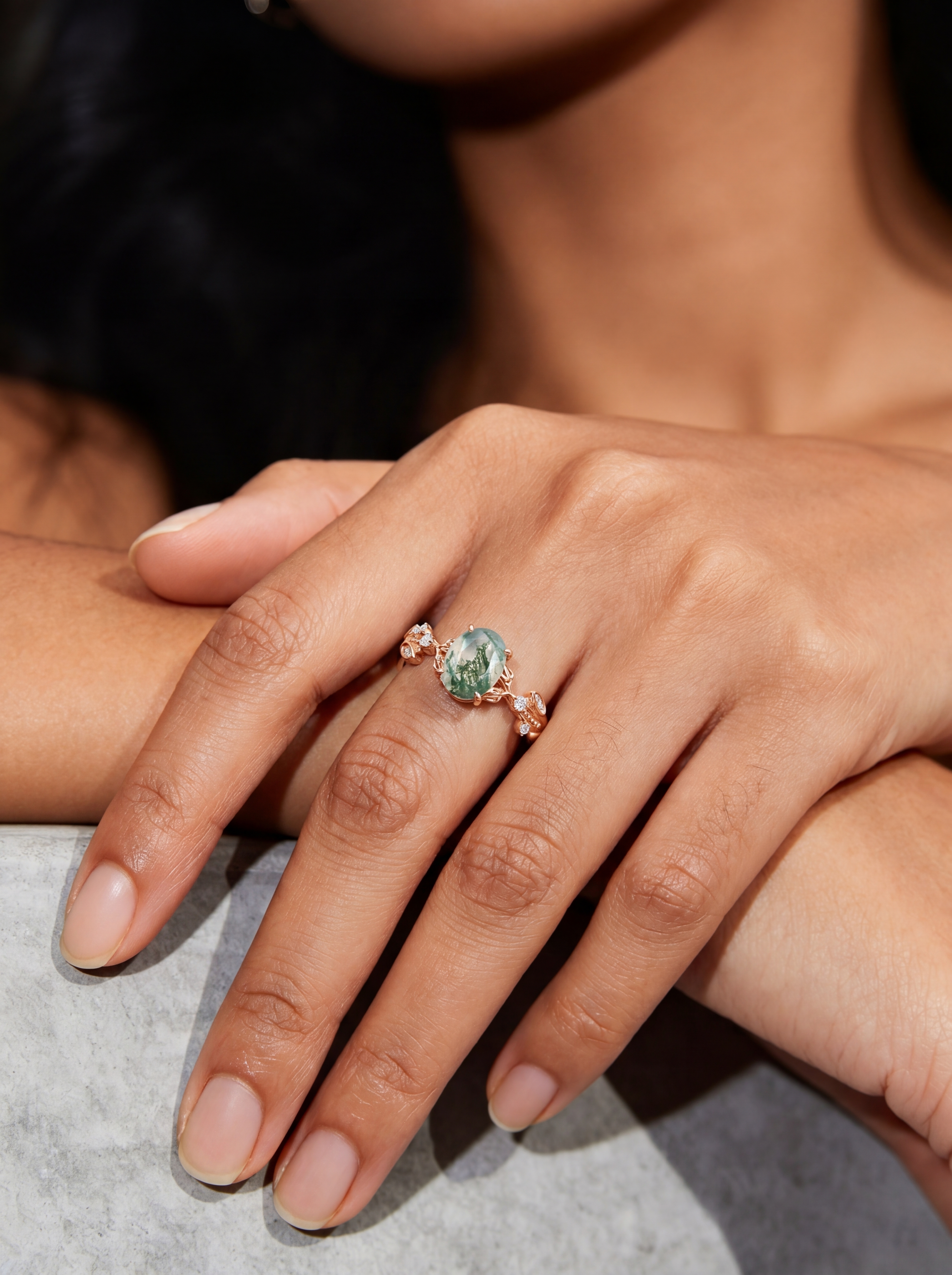 Lucky Gemstones | Oval Cut Natural Moss Agate Engagement Ring in Rose Gold | Laef & Vine Design with Moissanite Accents