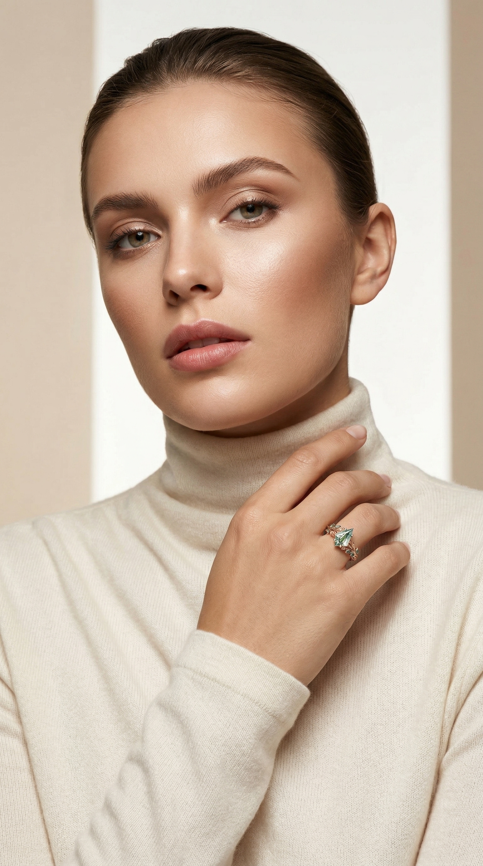 Lucky Gemstones | Kite Cut Natural Moss Agate Engagement Ring | Rose Gold Natural-Inspired Design Band | Moss Agate Accents