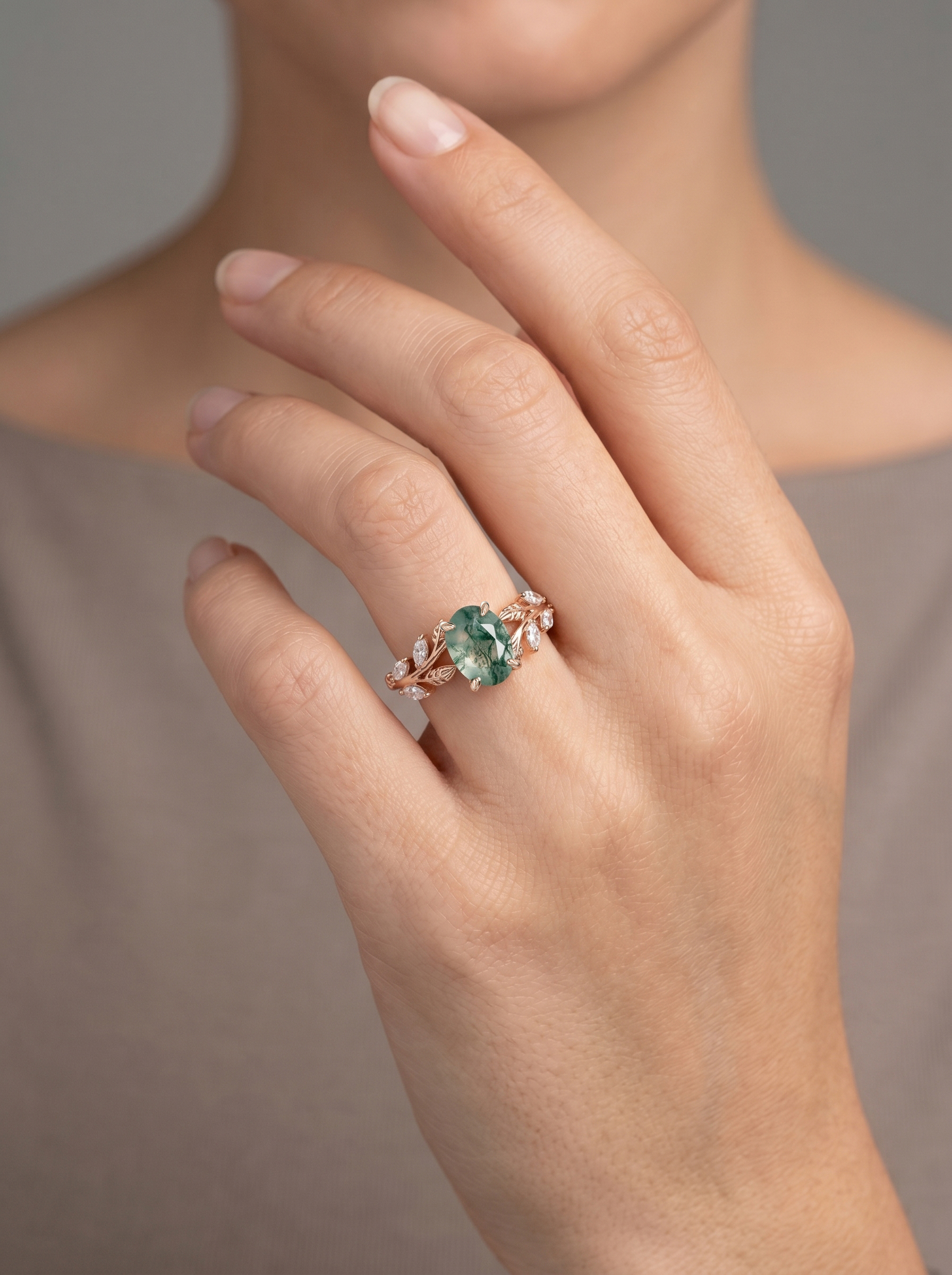 Lucky Gemstone | Oval Cut Natural Moss Agate Engagement Ring | Rose Gold Moissanite Cluster Band | Natural-Inspired Design